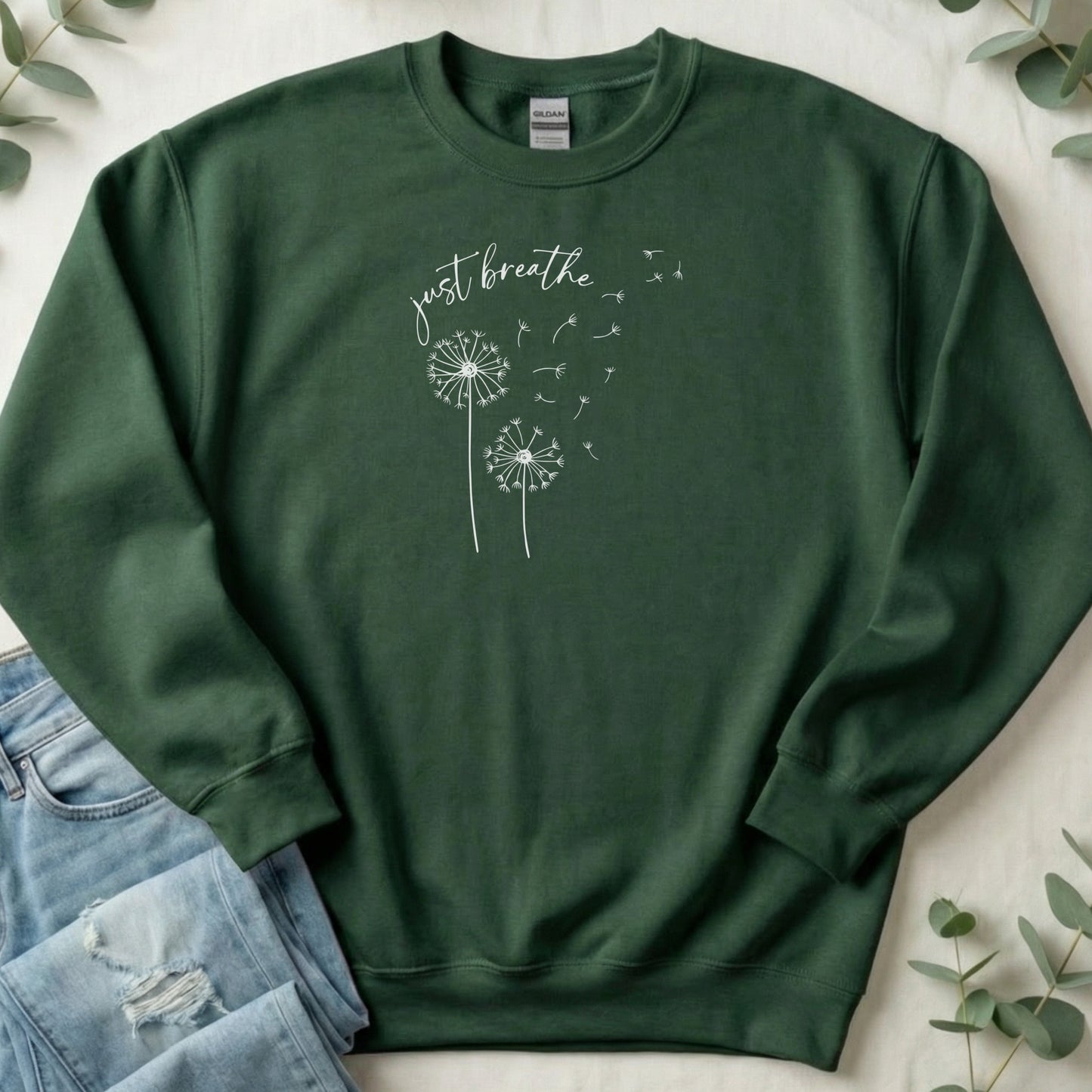 Just Breathe Dandelion Design Green Sweatshirt