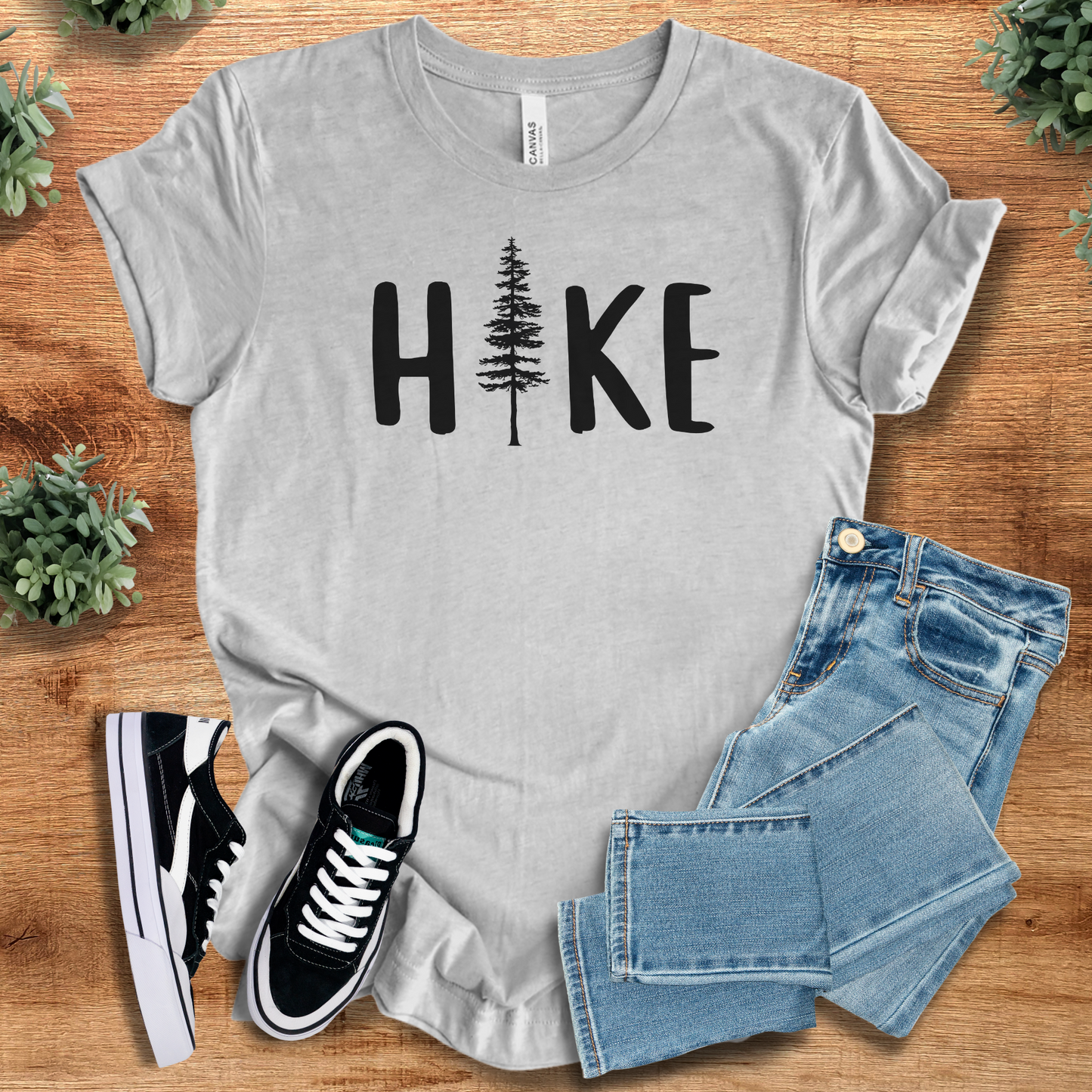 Hike T‑Shirt in heather gray on soft Bella+Canvas 3001 tee with minimalist tree graphic. Unisex comfy everyday nature-inspired t-shirt.