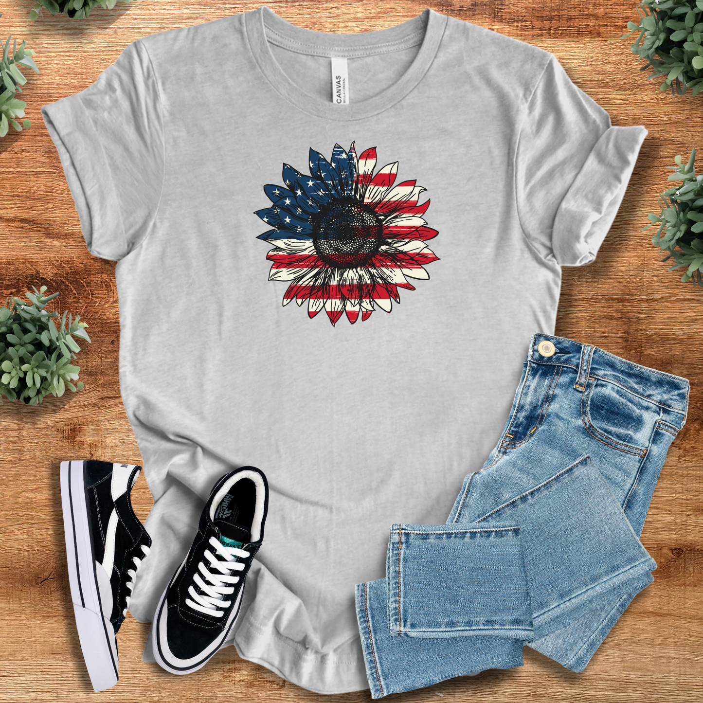 Patriotic American Flag Sunflower T‑Shirt | Soft Bella+Canvas Tee