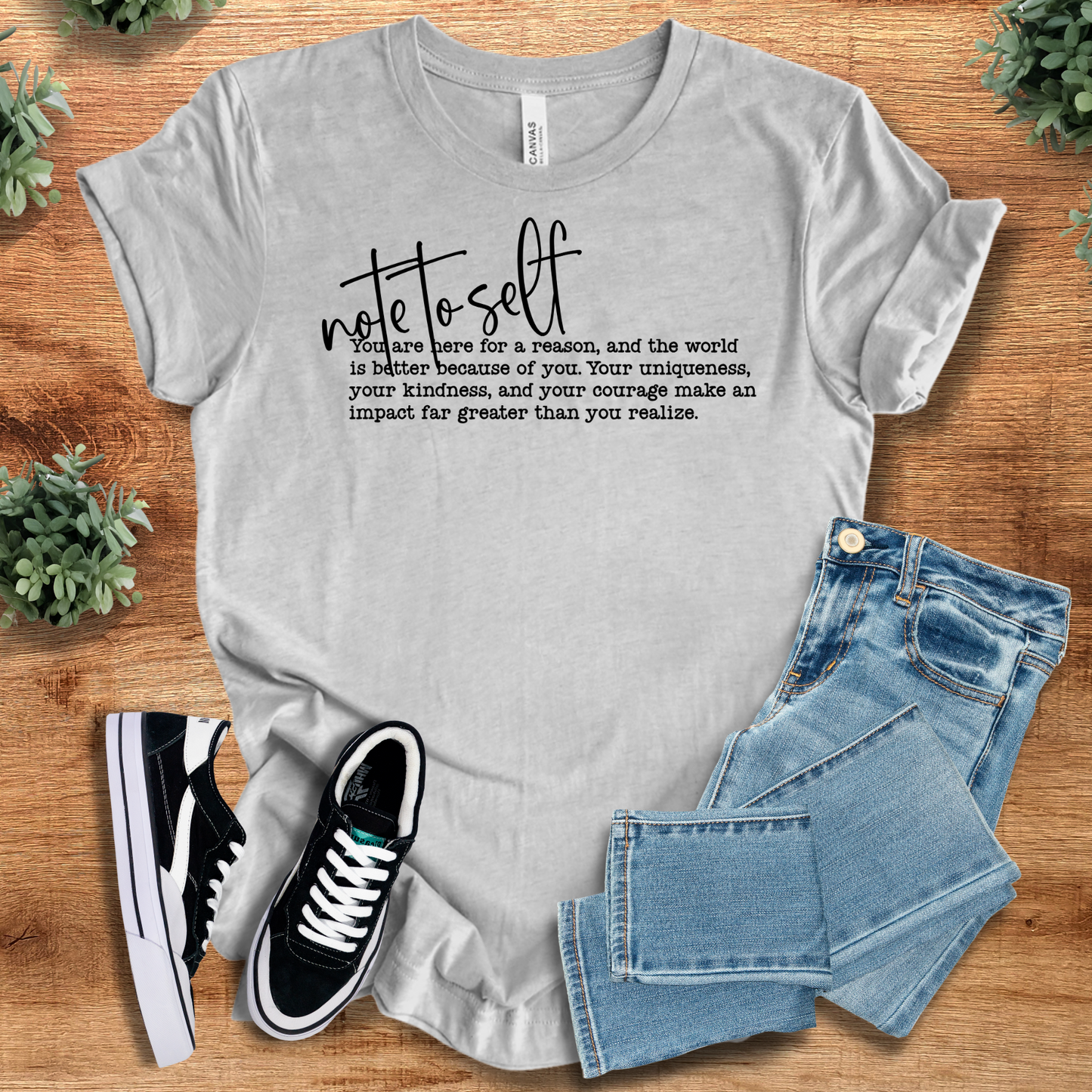 Note To Self Tee - Unisex Jersey Tee in heather gray with black text, soft cotton top for mindfulness and daily encouragement.
