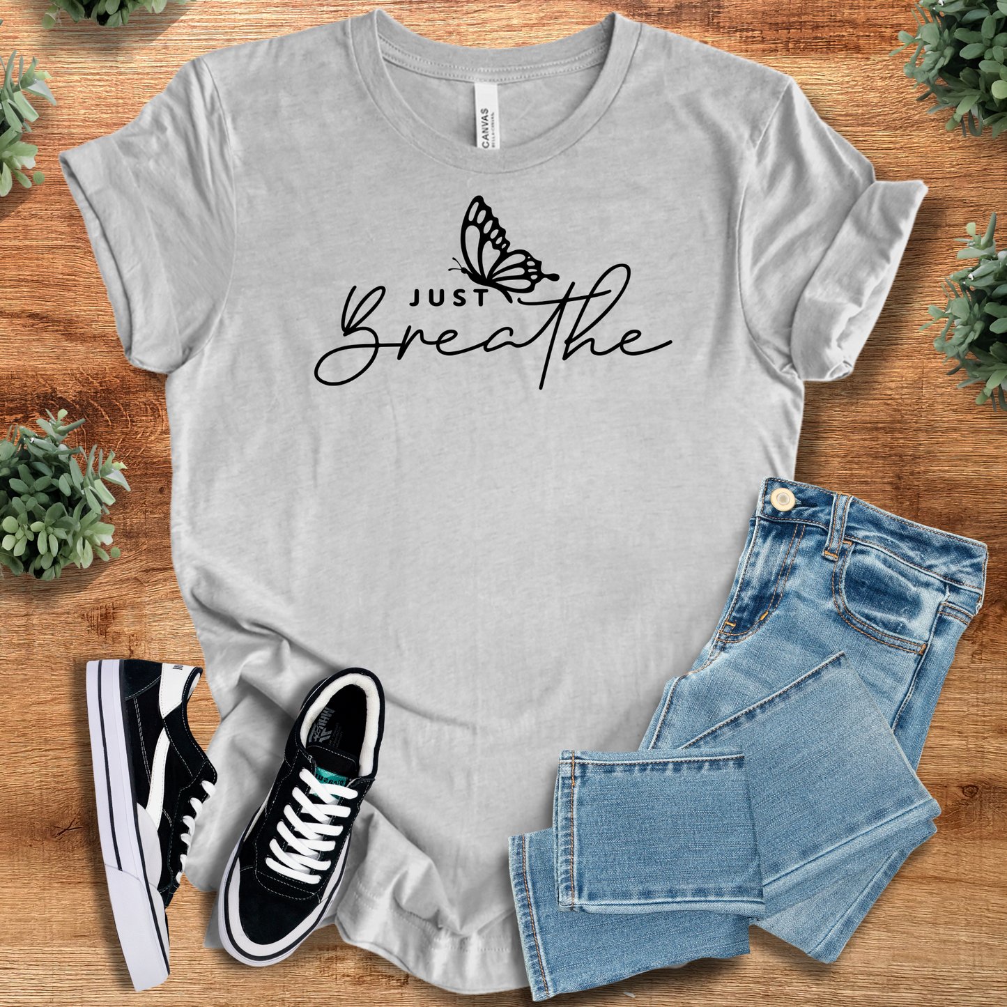 Heather gray Just Breathe Tee T‑Shirt on Bella+Canvas 3001 featuring black butterfly script, soft and stylish family gift shirt.