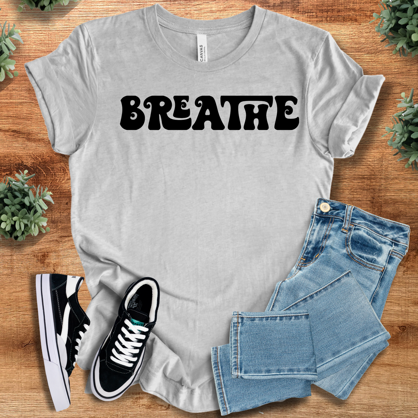 Retro Style T-Shirt - Breathe Tee in heather gray with bold black text. Soft and breathable cotton top for vintage vibes and urban streetwear.