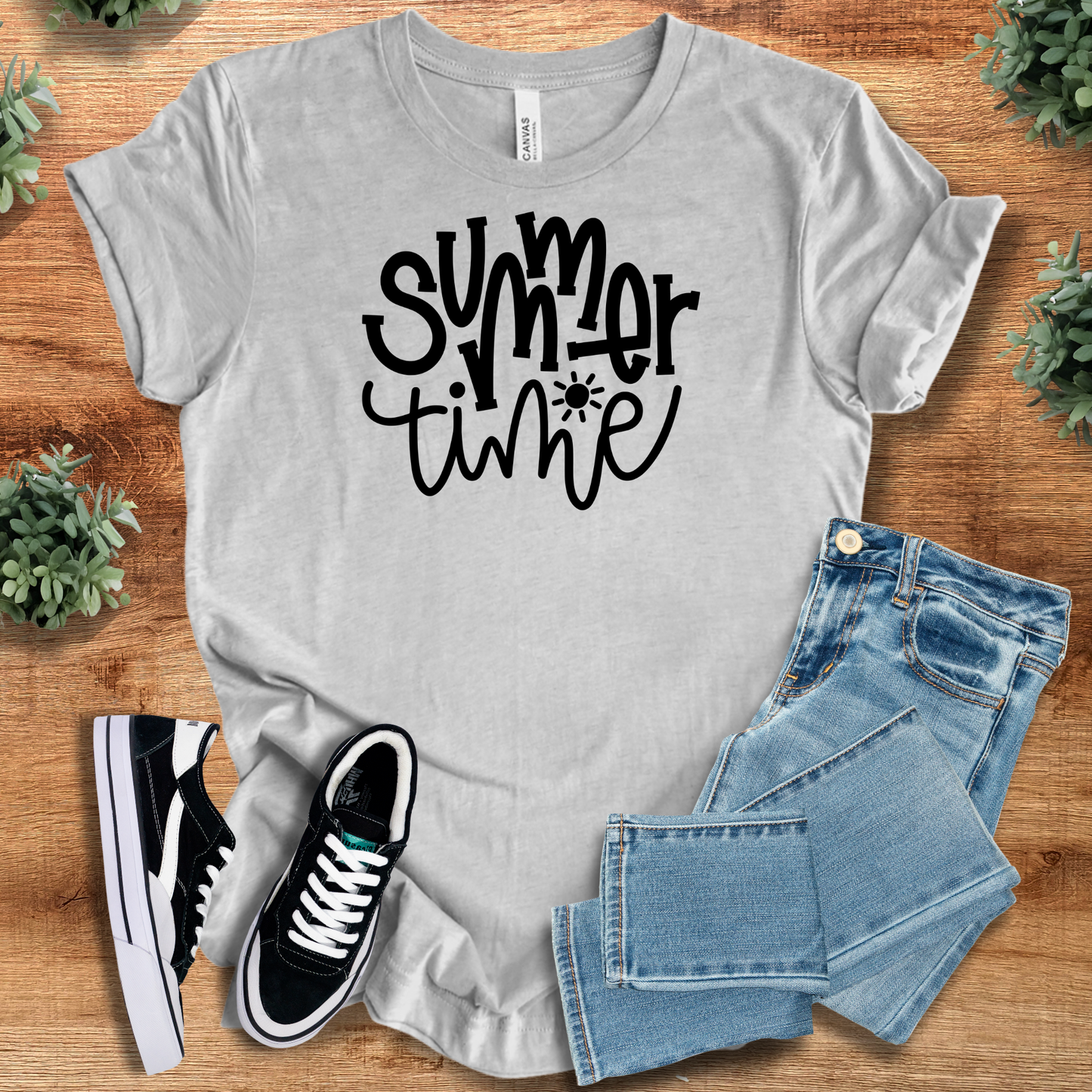 Heather gray Summer Time Tee T‑Shirt on soft Bella+Canvas 3001, laid out with jeans and sneakers. Comfy unisex tee with uplifting design.