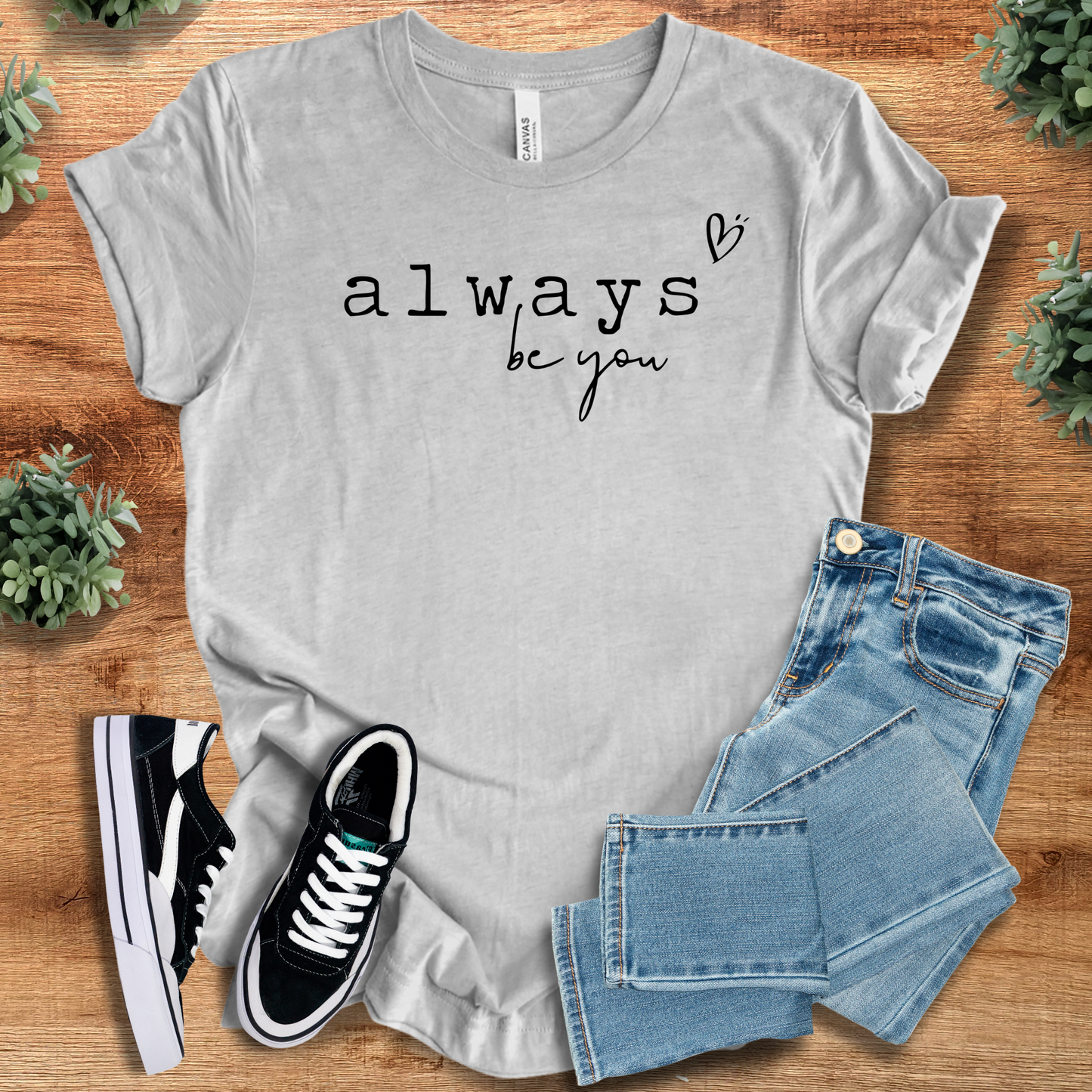 Heather Gray Always Be You Tee - Unisex | Comfortable Cotton Fit, paired with jeans and sneakers. Inspirational shirt for casual confidence.