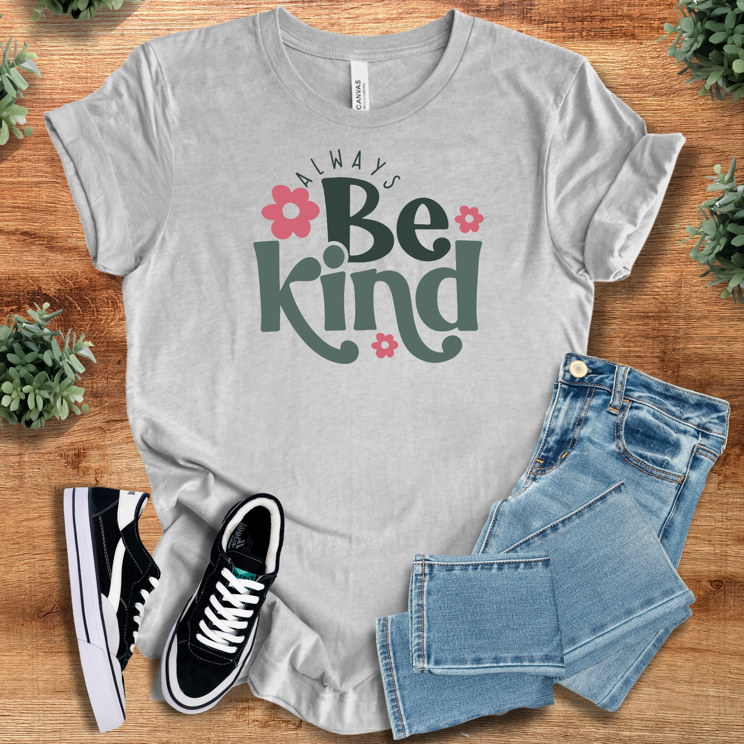 Always Be Kind - Unisex Kindness Tee in heather gray with cheerful floral print, styled for casual wear. Encouraging apparel for everyday vibes.