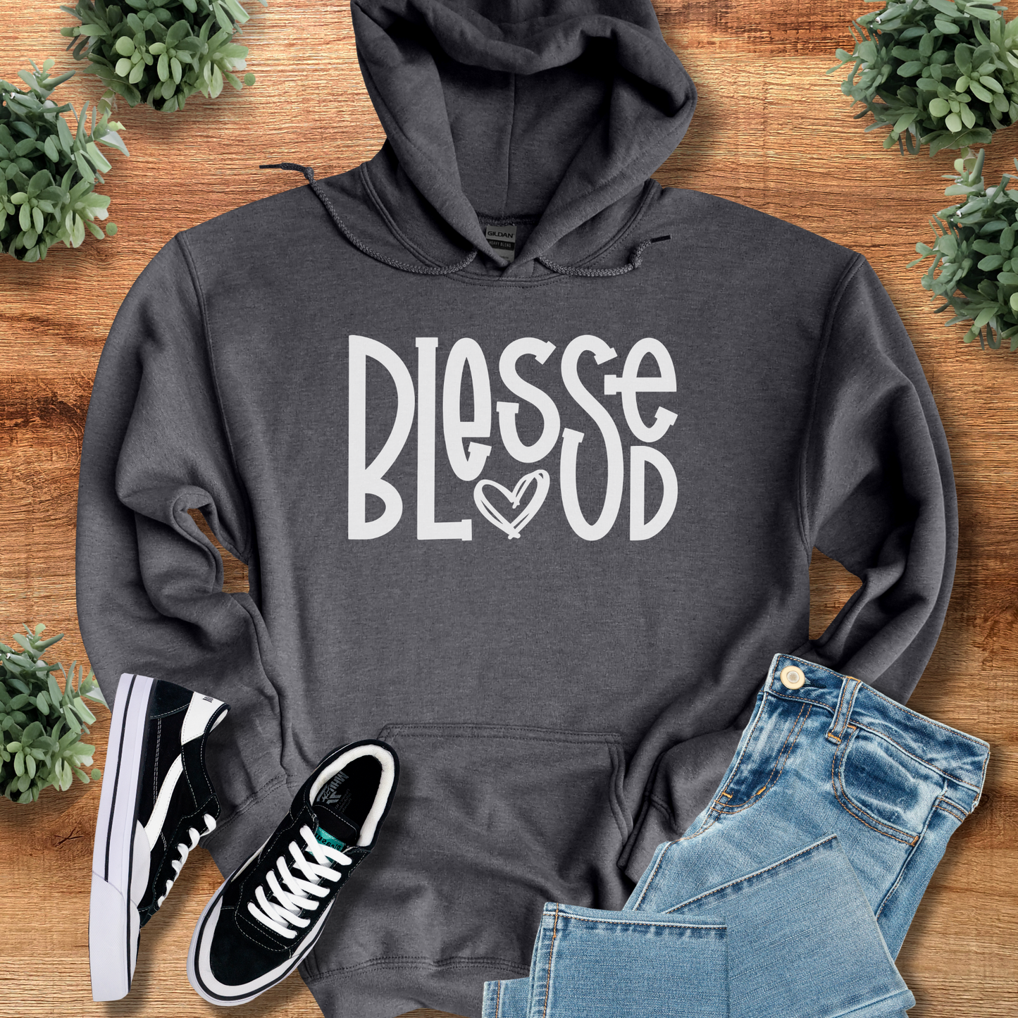 Dark gray Blessed Hoodie with white bold text and heart, unisex Christian pullover ideal for religious gift or winter wardrobe staple.