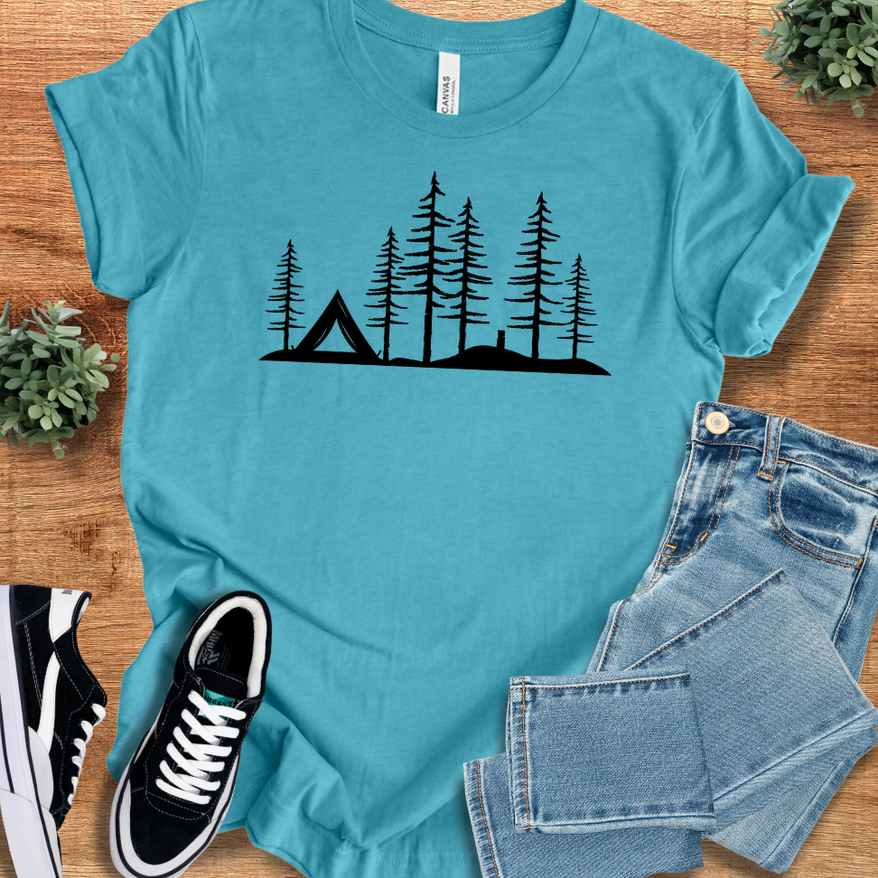 Athletic-heather t-shirt with '' text, flat lay styled on a wooden surface.