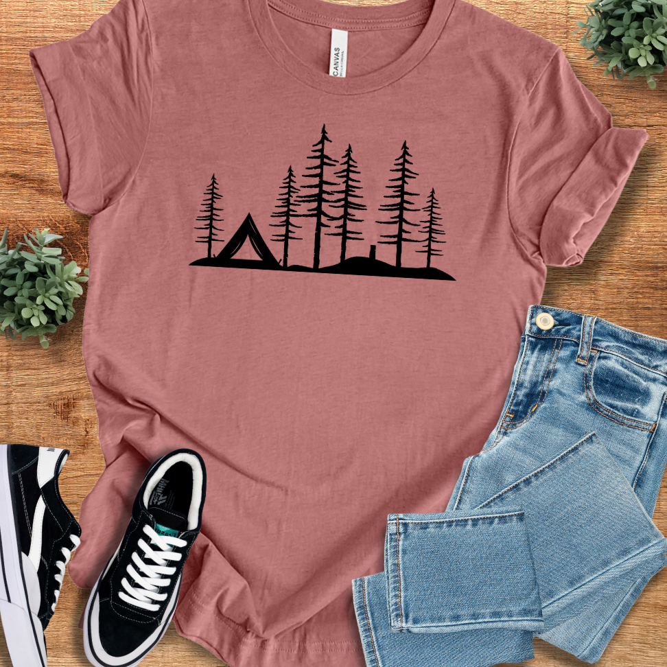 Athletic-heather t-shirt with '' text, flat lay styled on a wooden surface.