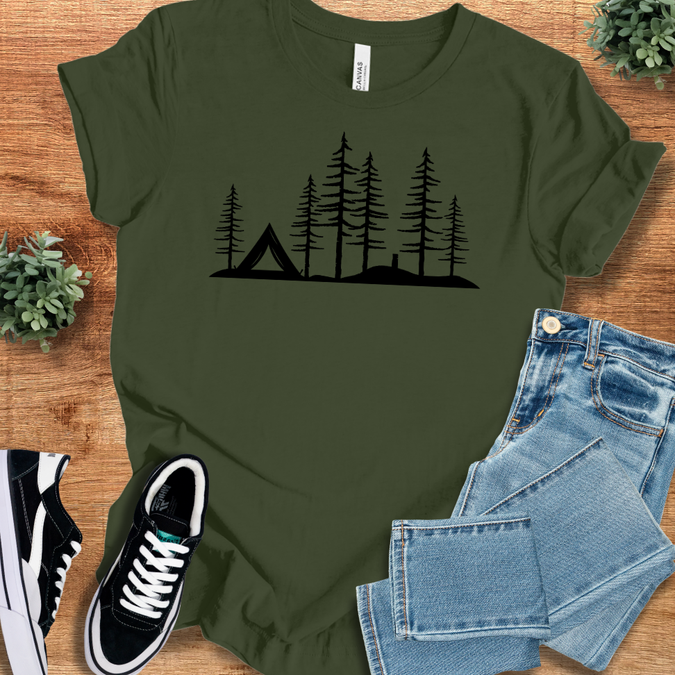Athletic-heather t-shirt with '' text, flat lay styled on a wooden surface.