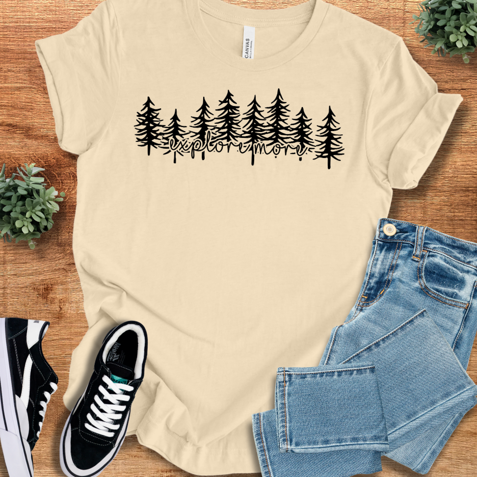 Athletic-heather t-shirt with '' text, flat lay styled on a wooden surface.