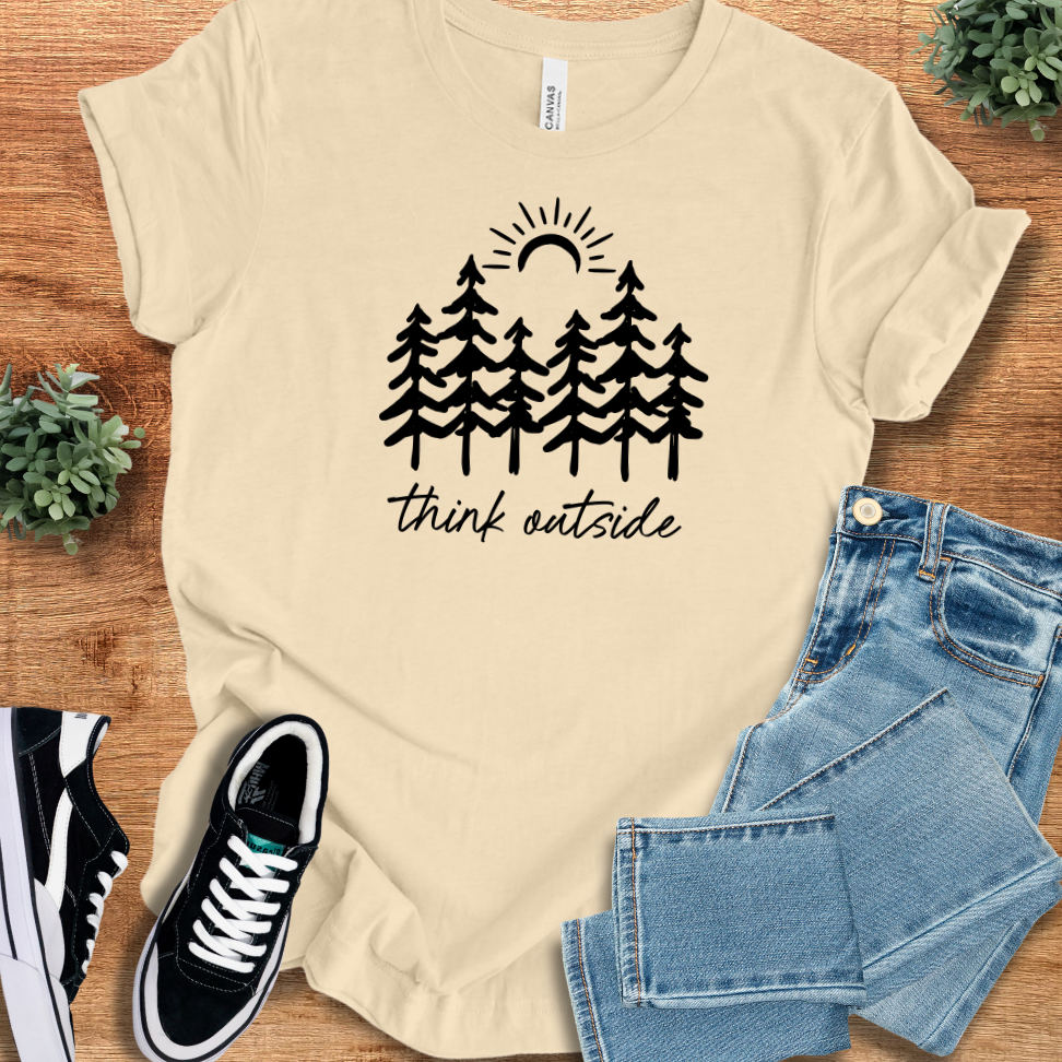 Athletic-heather t-shirt with '' text, flat lay styled on a wooden surface.