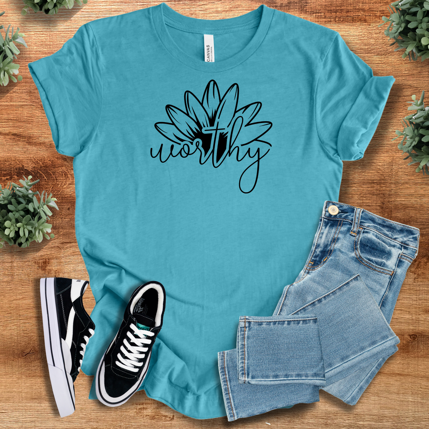 Floral Cross T-Shirt in teal with 'worthy' script and cross symbol, 100% cotton spiritual apparel for Christian fashion lovers.