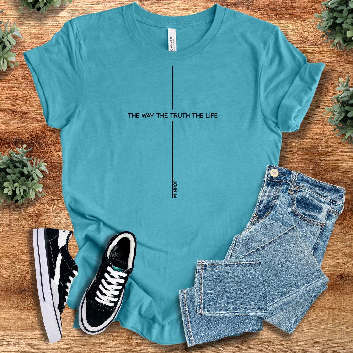 Teal Way, Truth, Life John 14:6 Bible Verse Tee with bold scripture cross design. Unisex Christian top styled with denim and sneakers.