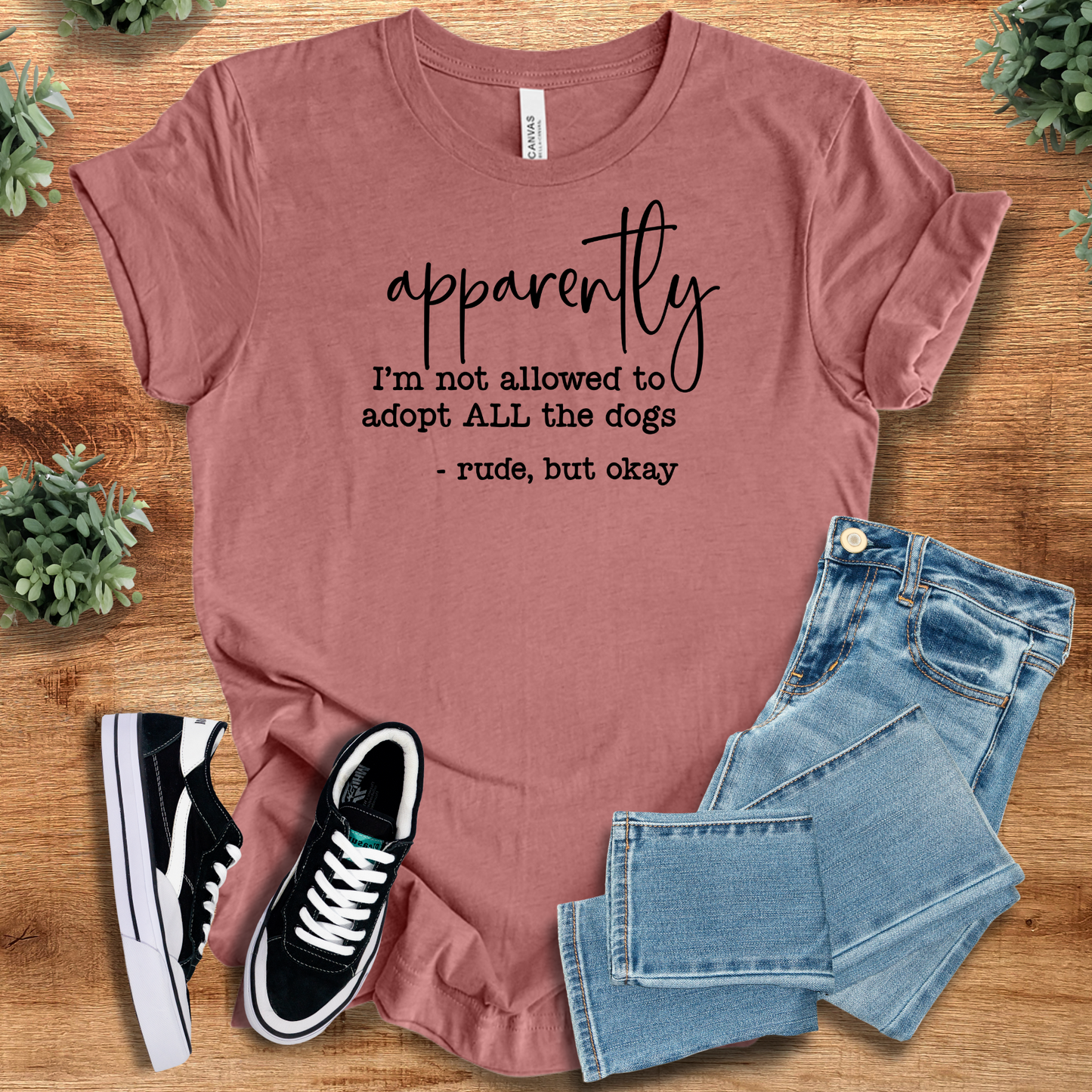 Dusty rose dog lover t-shirt with funny 'rude, but okay' quote. Soft combed cotton tee for rescue dog fans and casual pet-themed outfits.