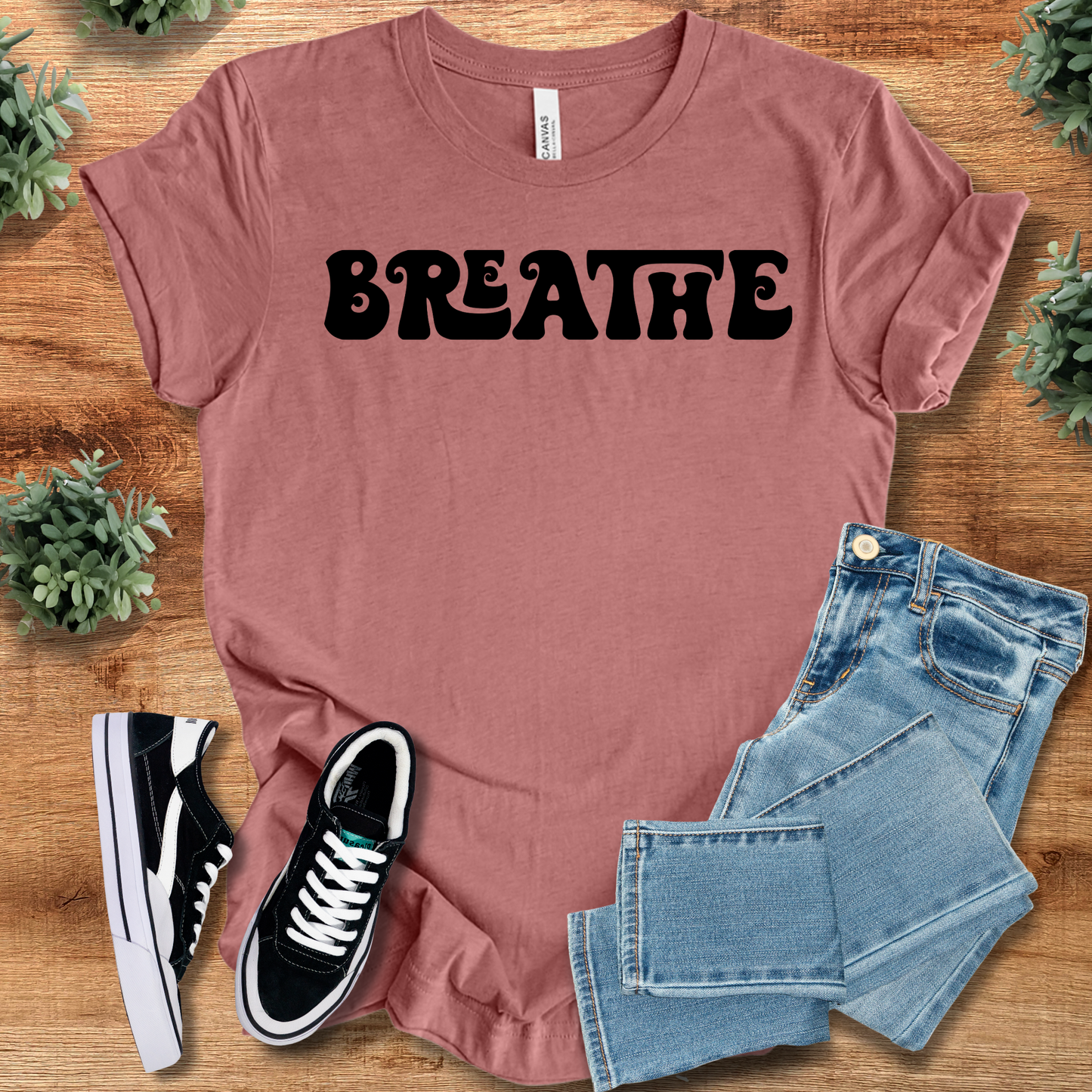 Retro Style T-Shirt - Breathe Tee in mauve pink with black vintage-style lettering. Relaxed fit cotton tee for yoga lovers and hipster fashion fans.