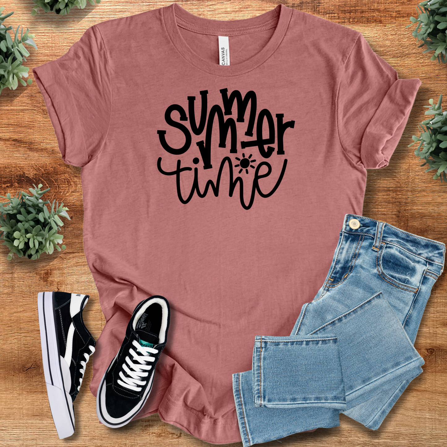 Rose pink Summer Time Tee T‑Shirt in soft Bella+Canvas fabric, styled with jeans and shoes. Comfy unisex tee with positive vibes design.
