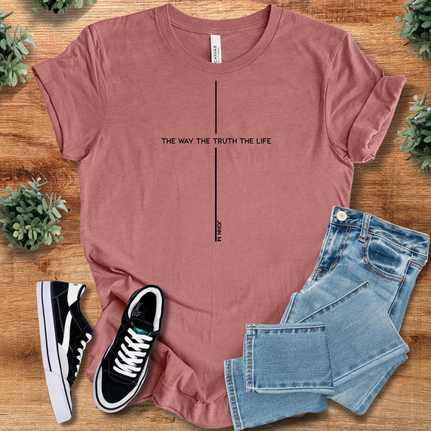 Mauve Way, Truth, Life John 14:6 Bible Verse Tee featuring minimalist cross print. Faith-based t-shirt styled with denim and casual shoes.