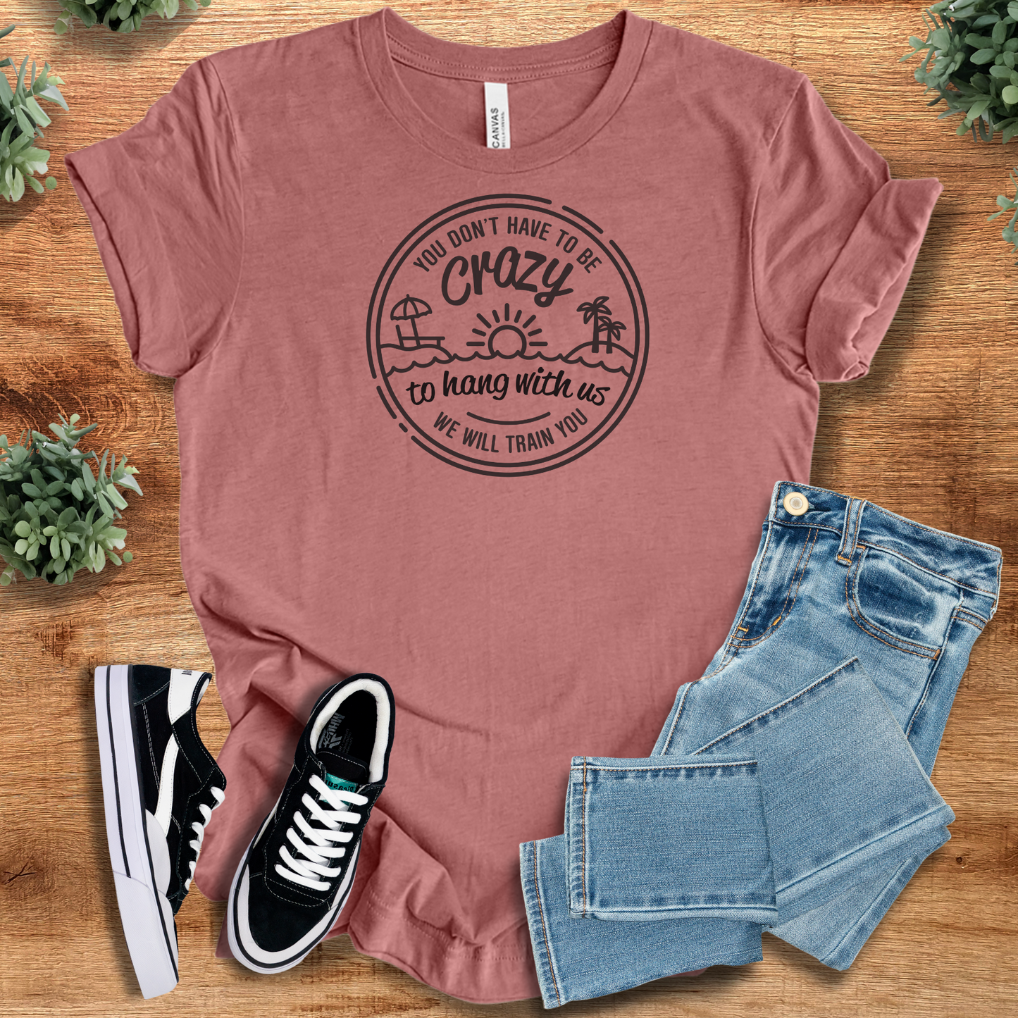 Rose pink humor t-shirt with 'Crazy Friends' quote and minimalist beach design. Great for girls' trips or matching group tees.