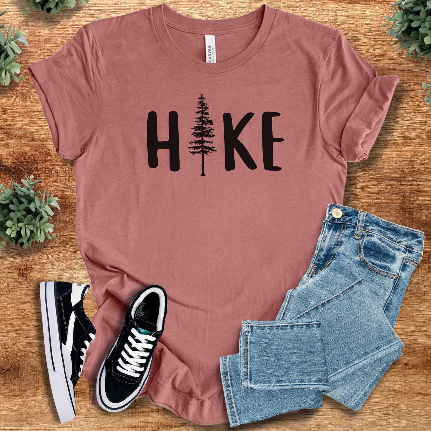 Hike T‑Shirt in mauve pink Bella+Canvas 3001 with black tree design. Soft unisex minimalist tee perfect for hiking and casual wear.