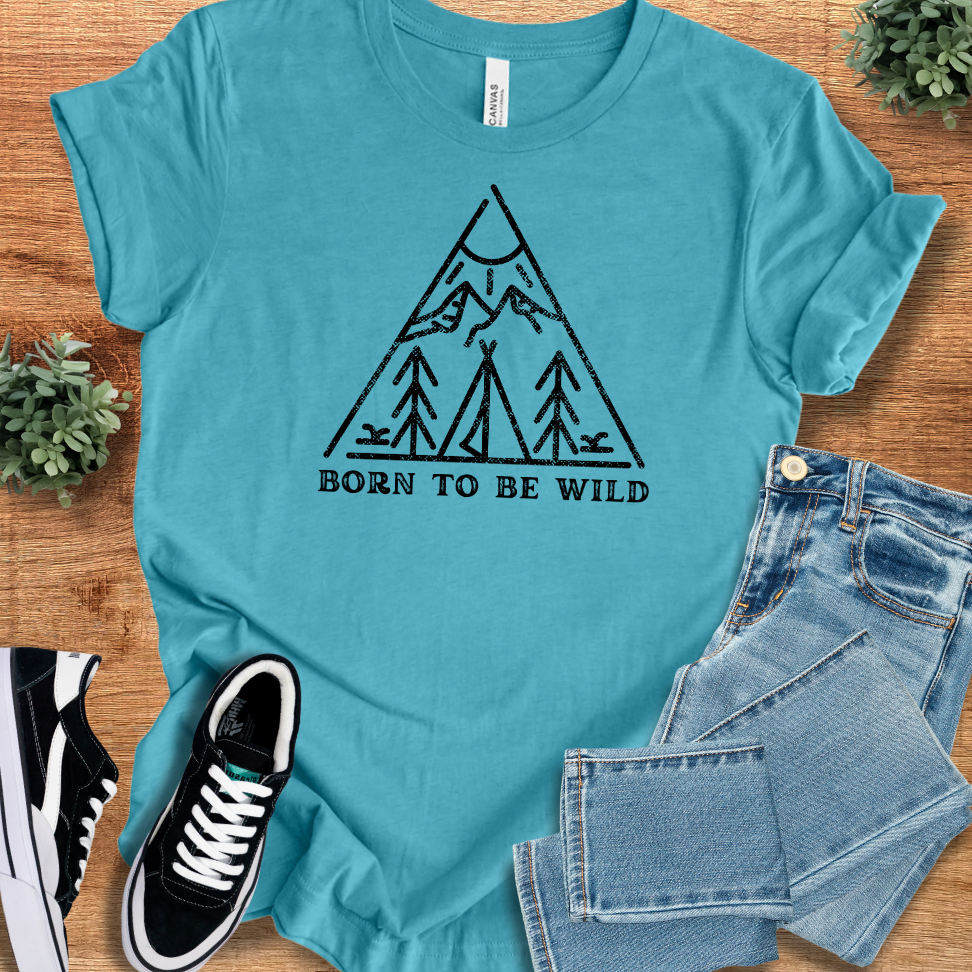 Athletic-heather t-shirt with '' text, flat lay styled on a wooden surface.