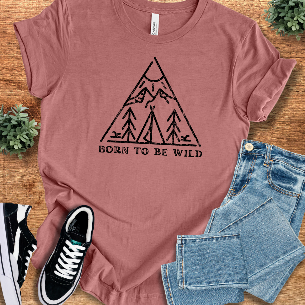 Athletic-heather t-shirt with '' text, flat lay styled on a wooden surface.