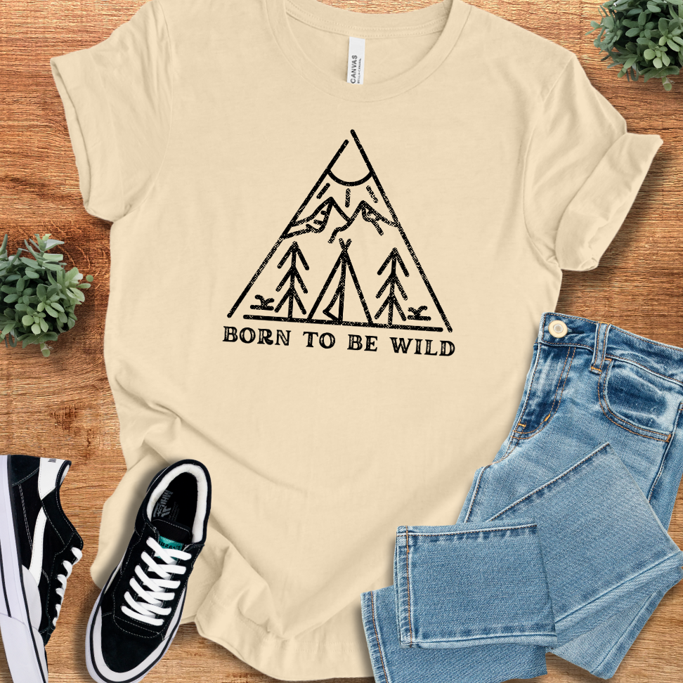 Athletic-heather t-shirt with '' text, flat lay styled on a wooden surface.