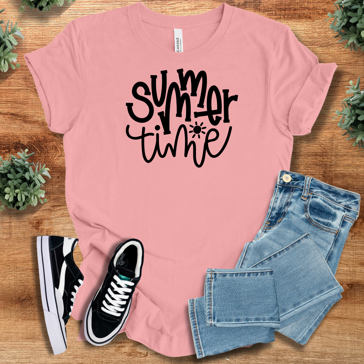 Light pink Summer Time Tee T‑Shirt on Bella+Canvas 3001, paired with denim and sneakers. Soft unisex tee with minimalist summer graphic.