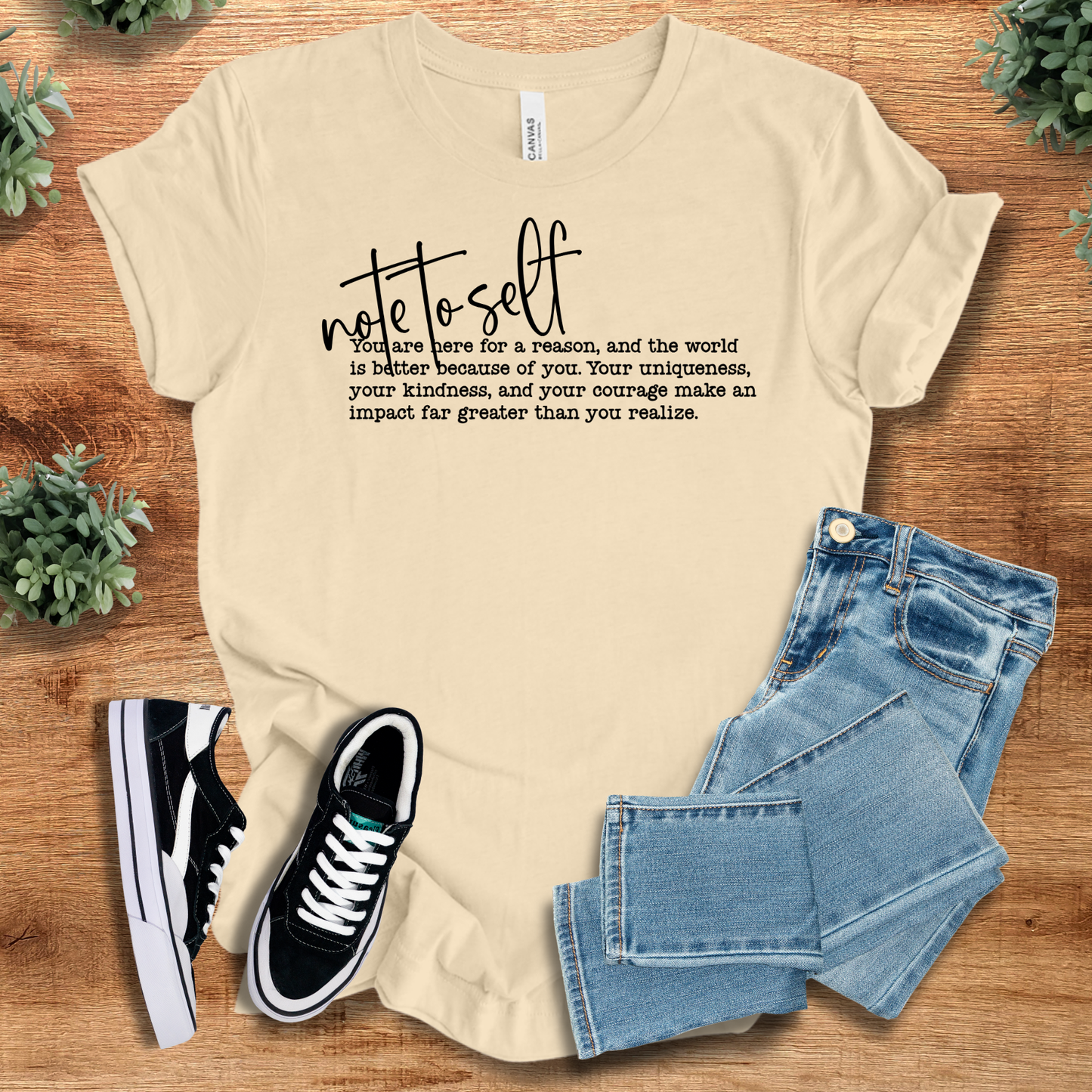 Note To Self Tee - Unisex Jersey Tee in cream beige with black inspirational message, 100% cotton, perfect for wellness gifting.