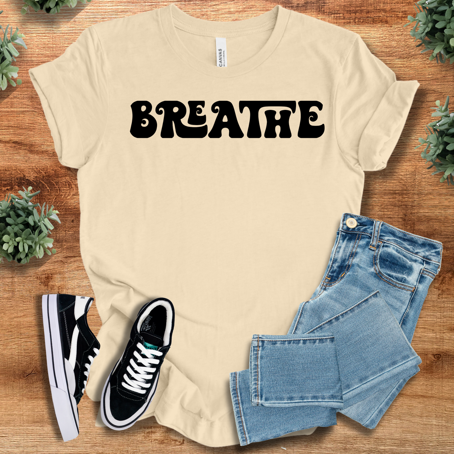 Retro Style T-Shirt - Breathe Tee in cream beige with black lettering. Ideal cotton tee for mindfulness style and casual everyday fashion.