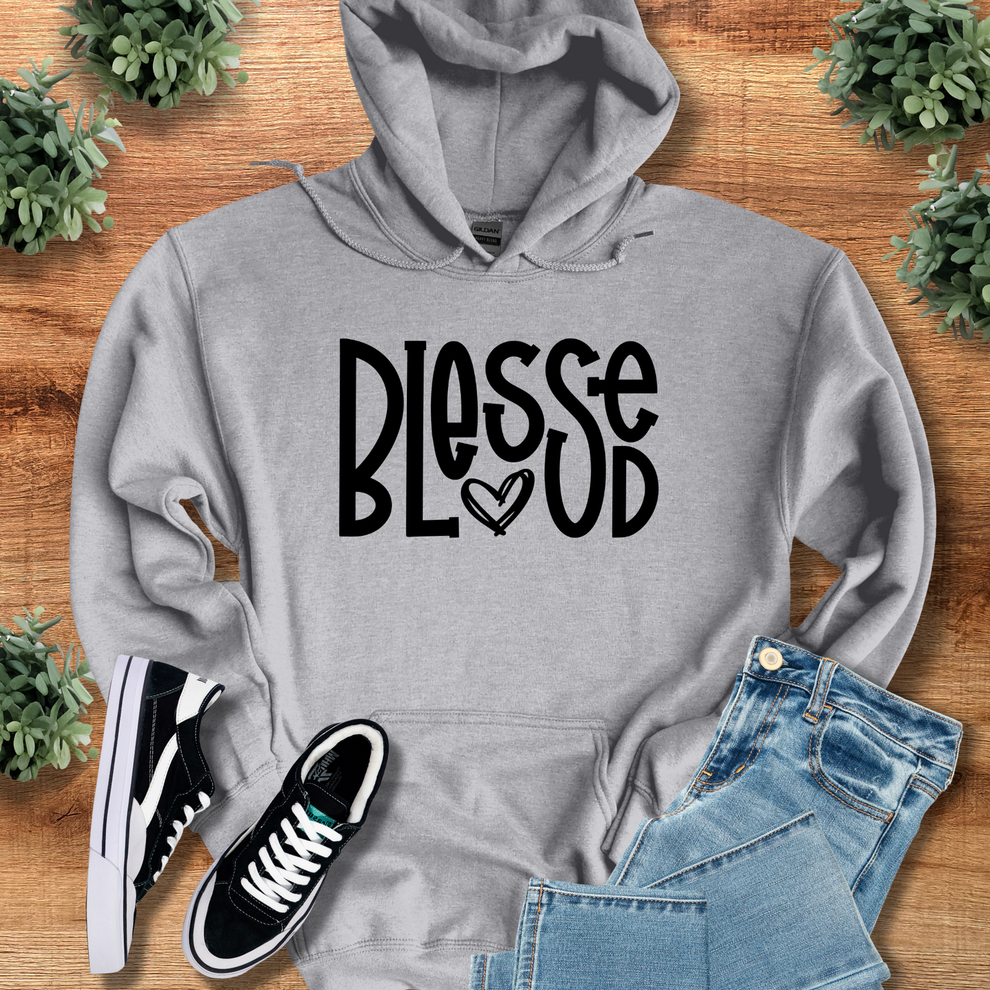 Light gray Blessed Hoodie featuring black faith-inspired text with heart, perfect unisex pullover for Christian gift or casual wear.
