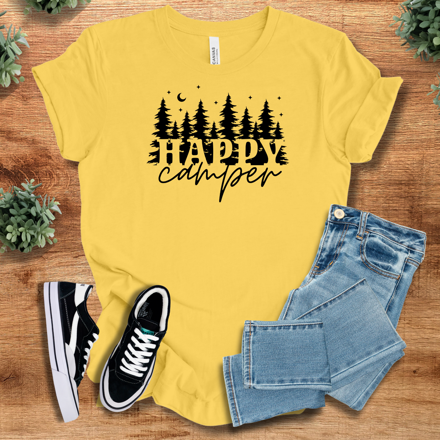 Athletic-heather t-shirt with '' text, flat lay styled on a wooden surface.