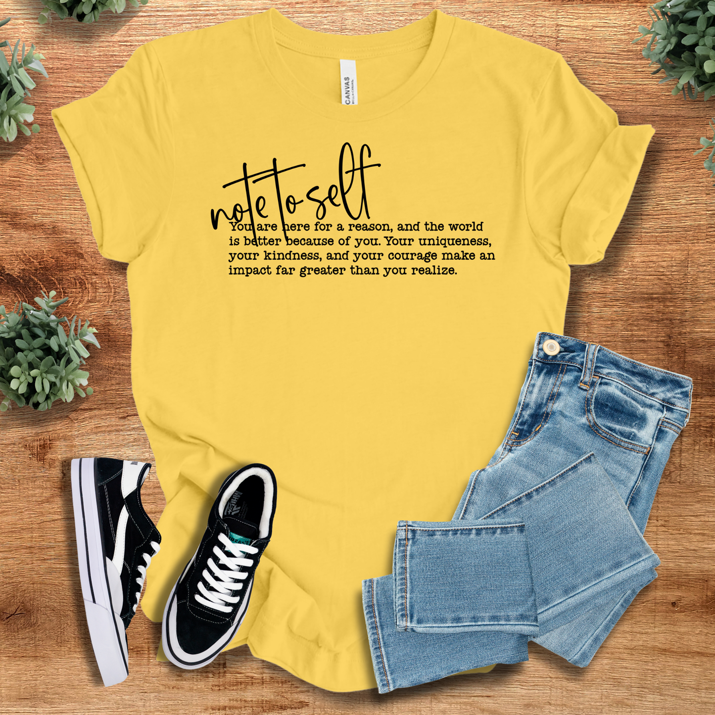 Note To Self Tee - Unisex Jersey Tee in bright yellow with black motivational quote, cheerful cotton top for positive vibes.
