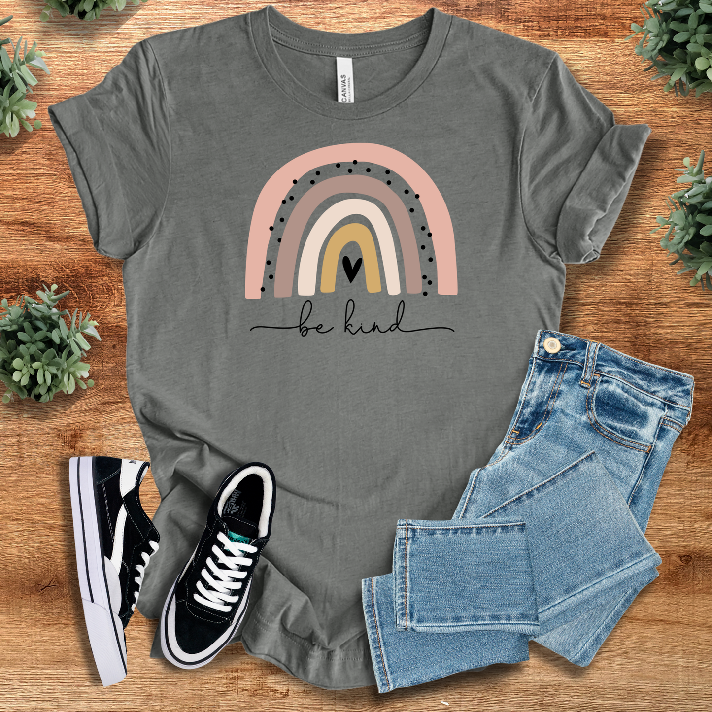 Gray Rainbow Be Kind Tee featuring a colorful rainbow and heart design, soft cotton top ideal for casual wear and inspirational gifting.