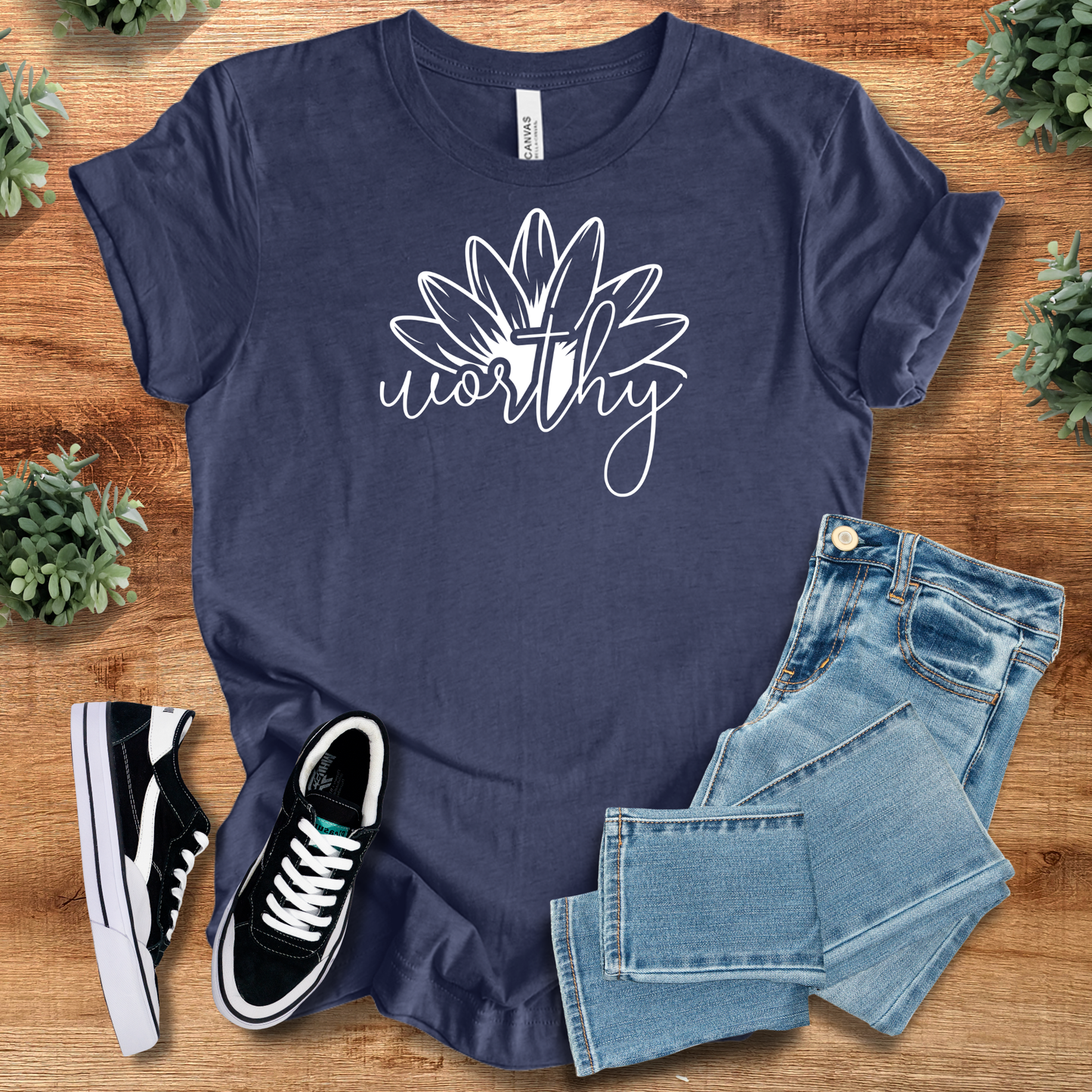 Navy blue Floral Cross T-Shirt with floral cross and 'worthy' message, combining faith and fashion in a breathable cotton tee.