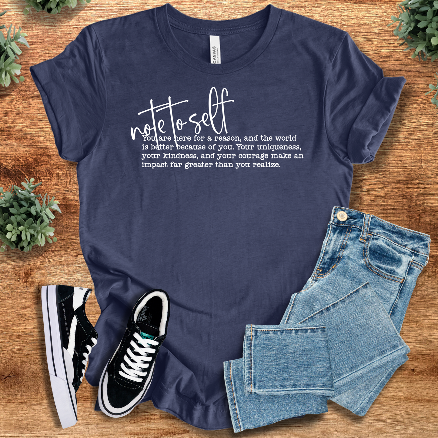 Note To Self Tee - Unisex Jersey Tee in navy blue with white inspirational quote, 100% cotton, styled with jeans and sneakers.
