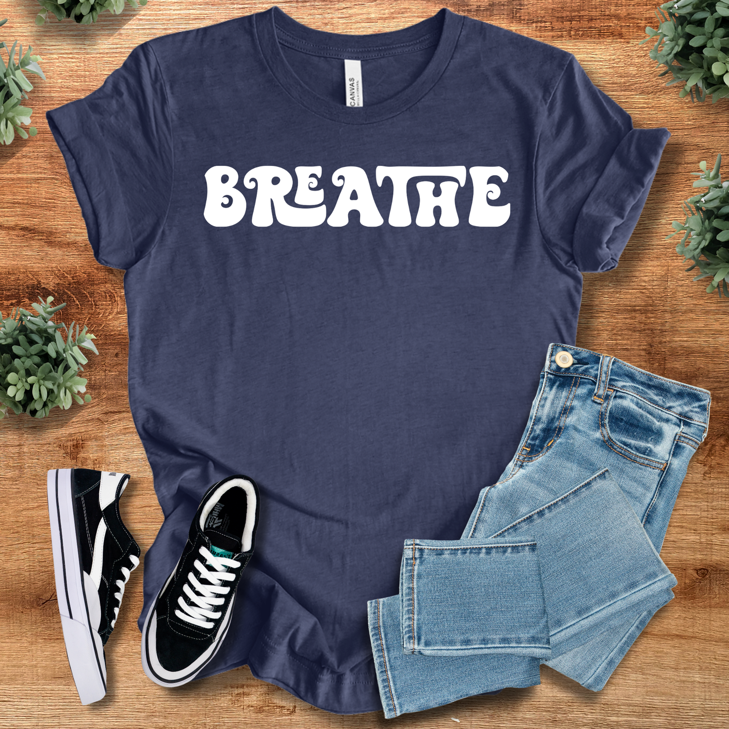 Retro Style T-Shirt - Breathe Tee in navy blue with bold white lettering. Lightweight 100% cotton shirt ideal for casual and urban streetwear.