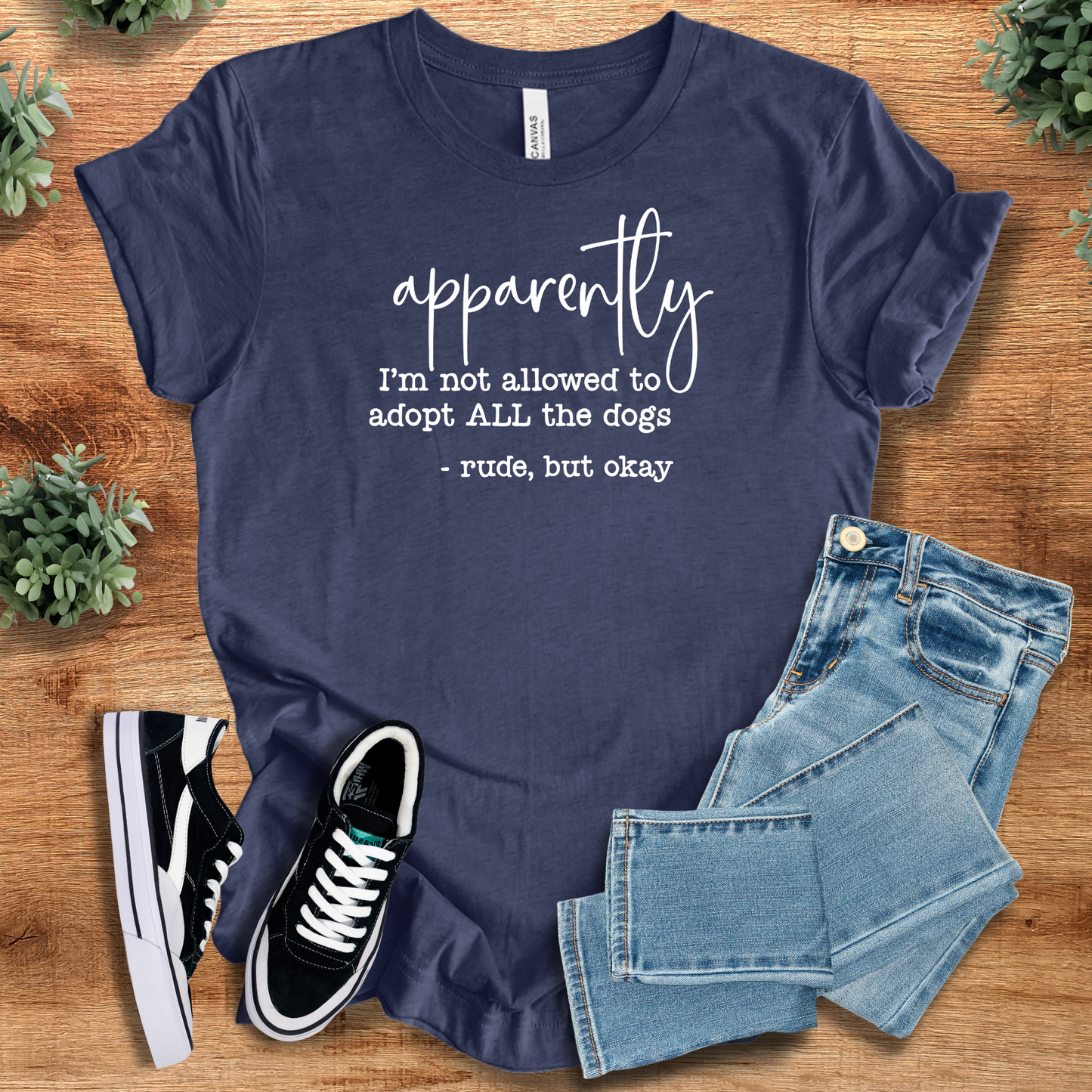 Navy blue funny dog lover t-shirt featuring sarcastic pet adoption quote. Made from breathable combed cotton, ideal for dog moms and rescuers.