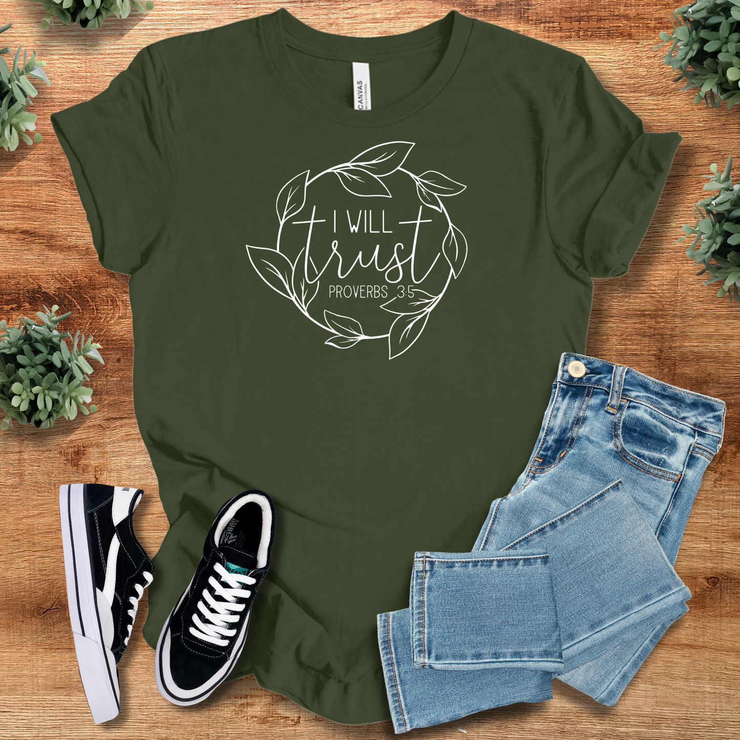 Olive green Trust Proverbs 3:5 Tee with white scripture design, styled for casual wear. Inspirational Christian gift and religious wear.