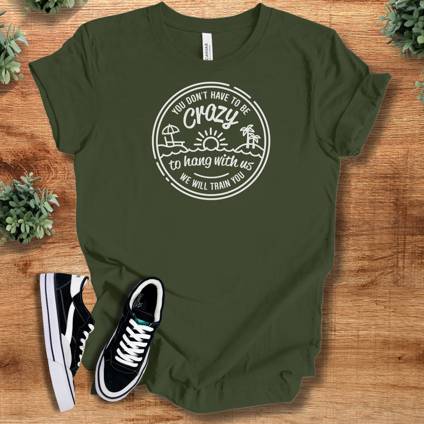 Olive green unisex funny tee with bold white quote design. Ideal for casual outfits or vacation group photos.