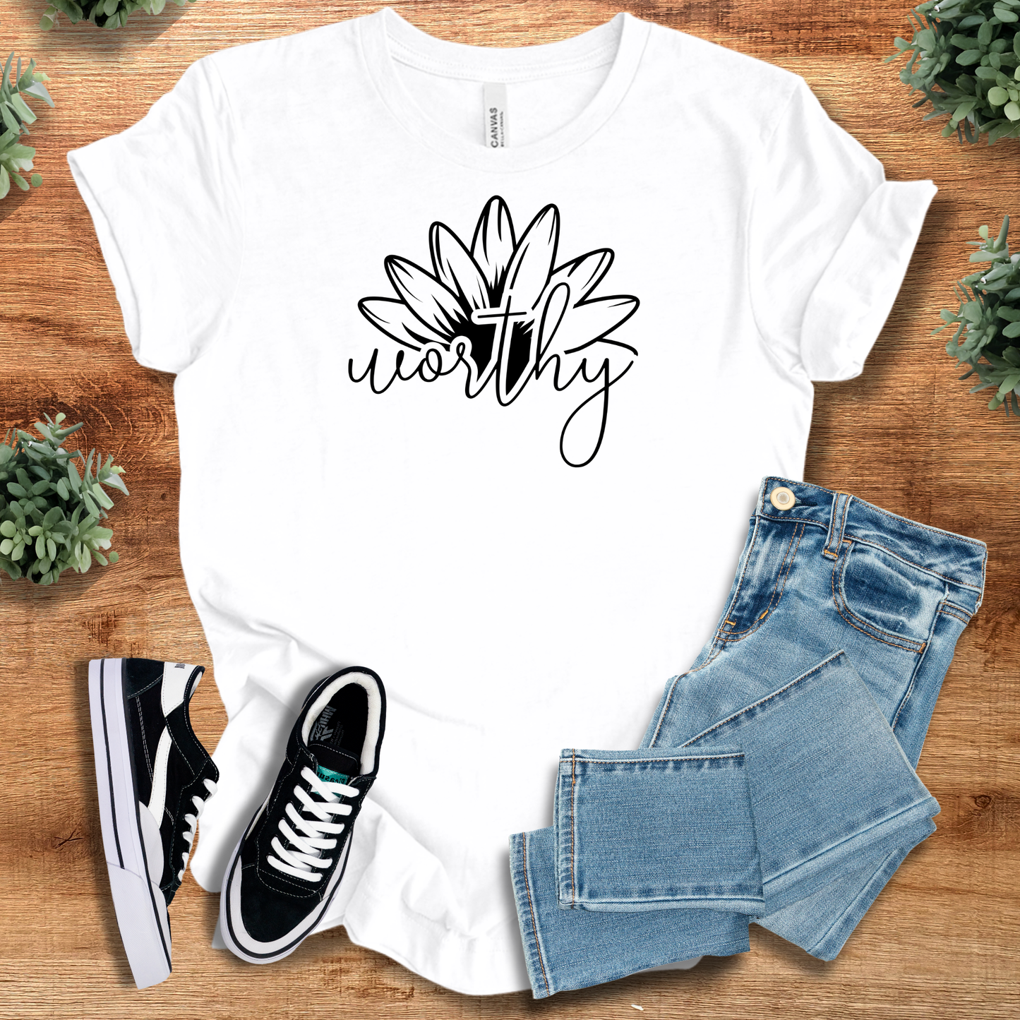 White Floral Cross T-Shirt featuring a bold flower and cross design with 'worthy' text, ideal for faith-based casual wear.