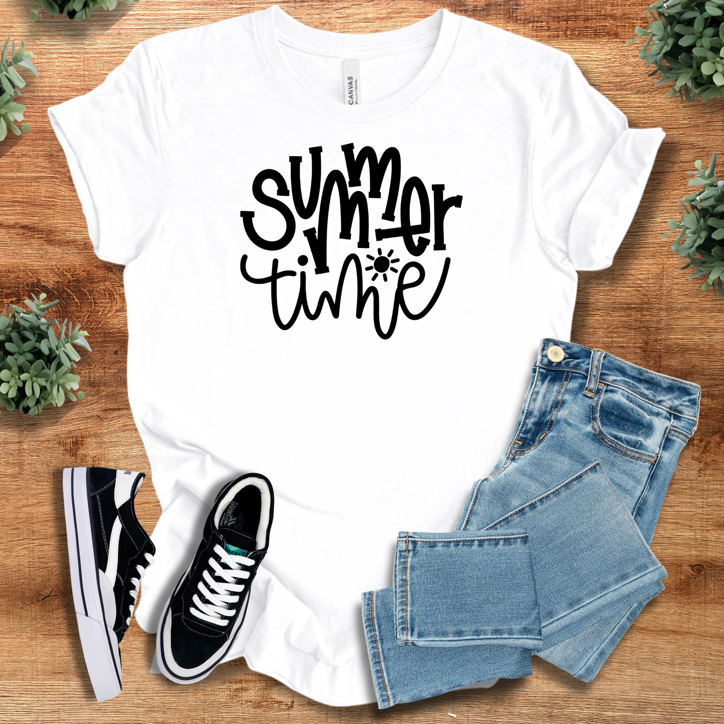 White Summer Time Tee T‑Shirt on Bella+Canvas 3001, paired with denim and sneakers. Minimalist unisex t-shirt with uplifting summer vibes.
