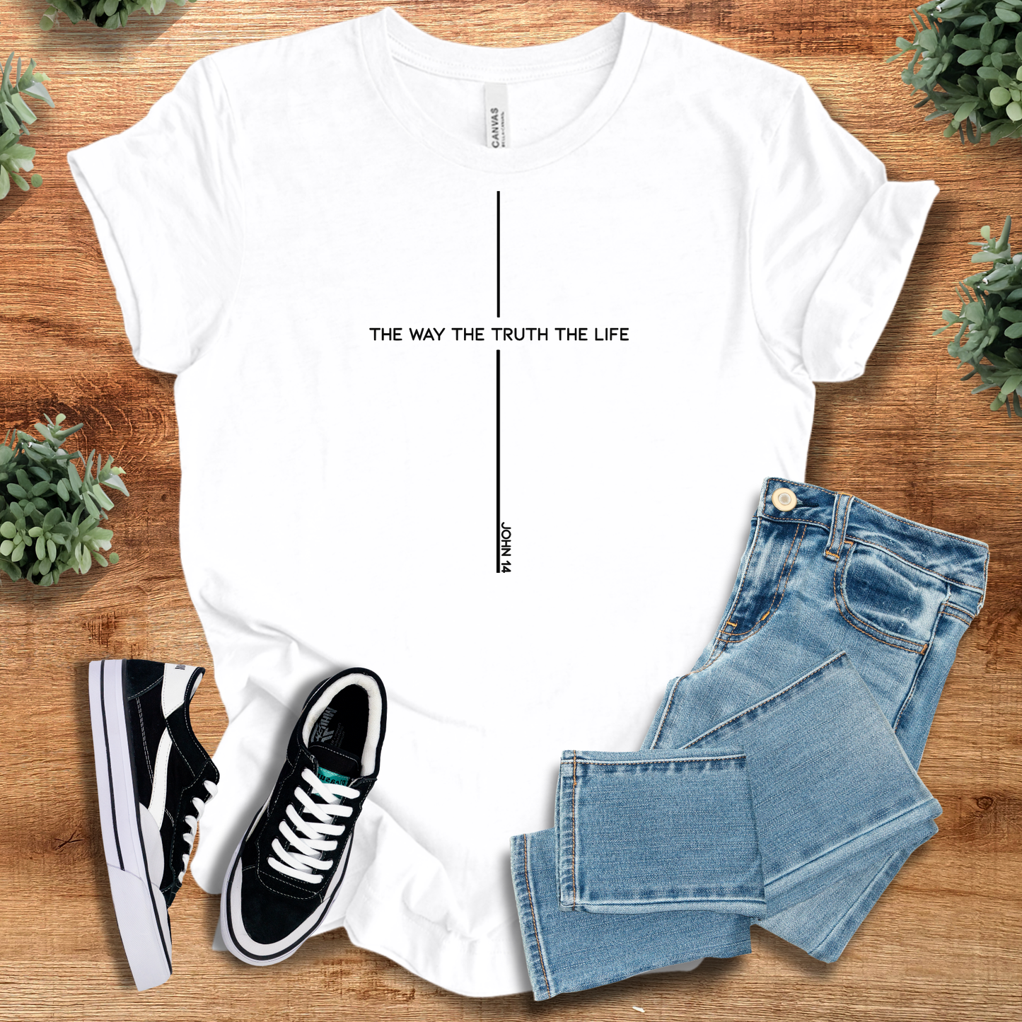 White Way, Truth, Life John 14:6 Bible Verse Tee with cross design, styled with jeans and sneakers. Ideal Christian apparel for everyday wear.