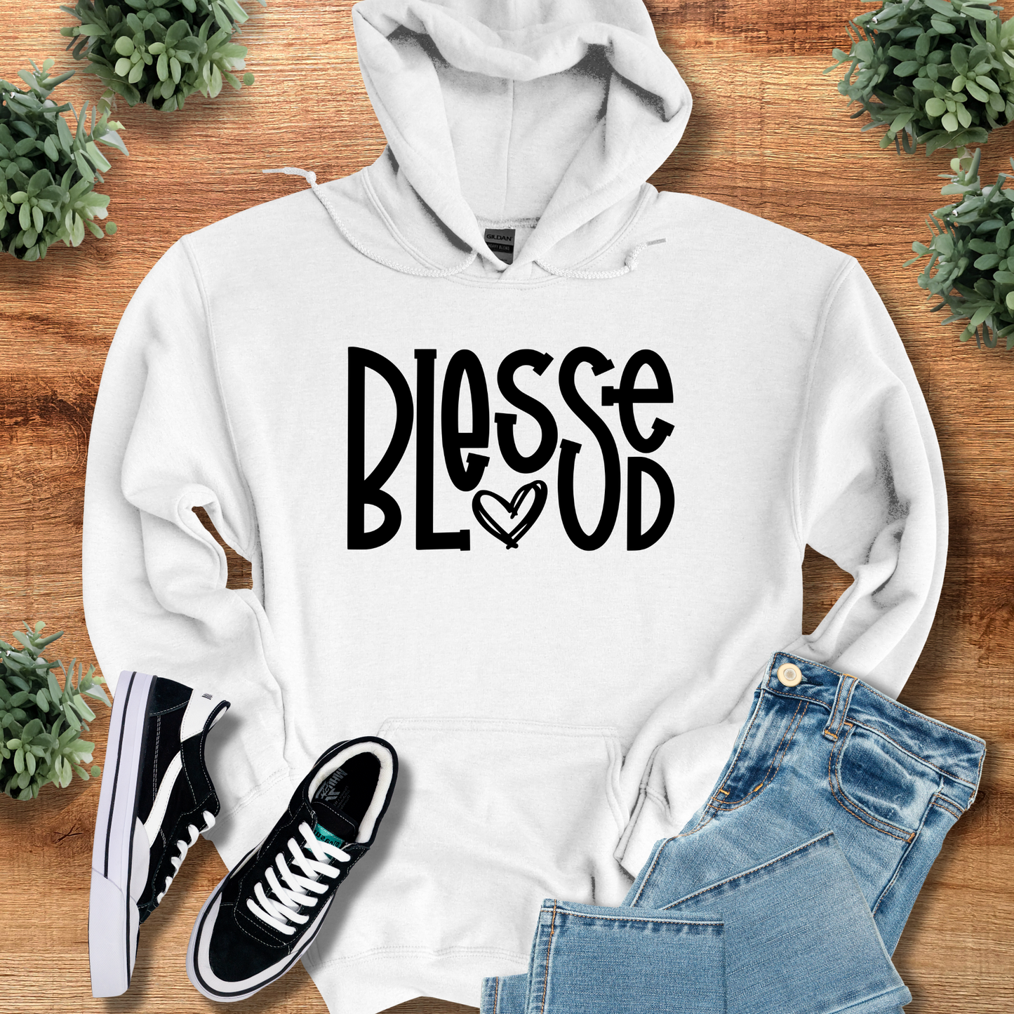 White Blessed Hoodie with bold black lettering and heart design, ideal Christian apparel for cozy winter wardrobe or spiritual gift.