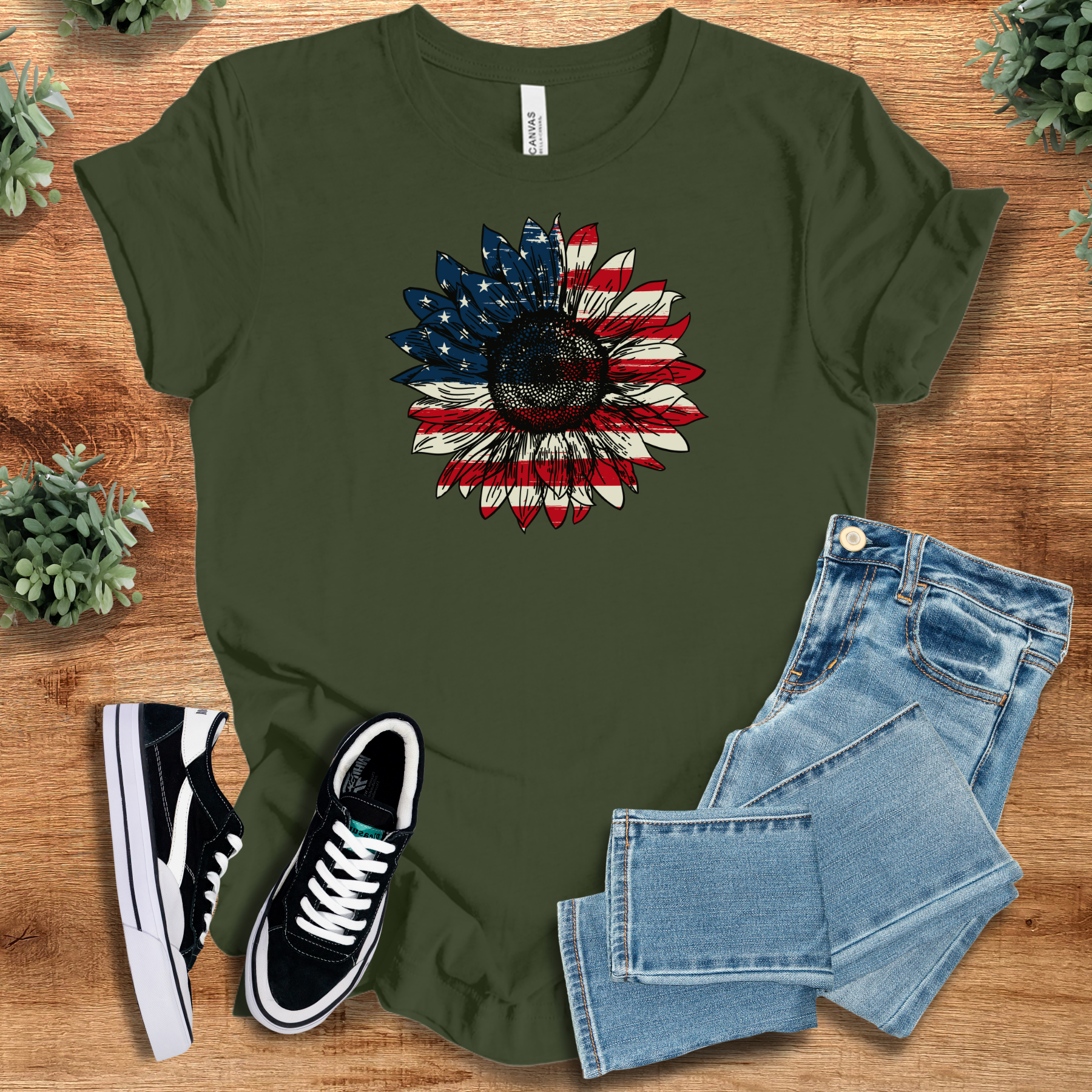 Athletic-heather t-shirt with '' text, flat lay styled on a wooden surface.