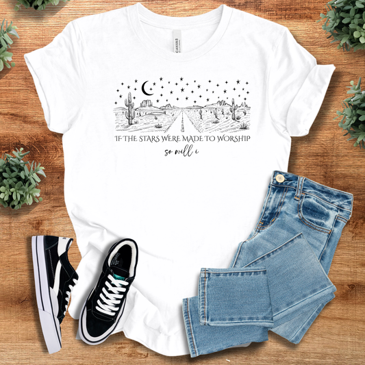 White spiritual T-shirt with 'If the Stars Were Made to Worship, So Will I' quote and celestial desert design. Made of combed cotton, casual fit.