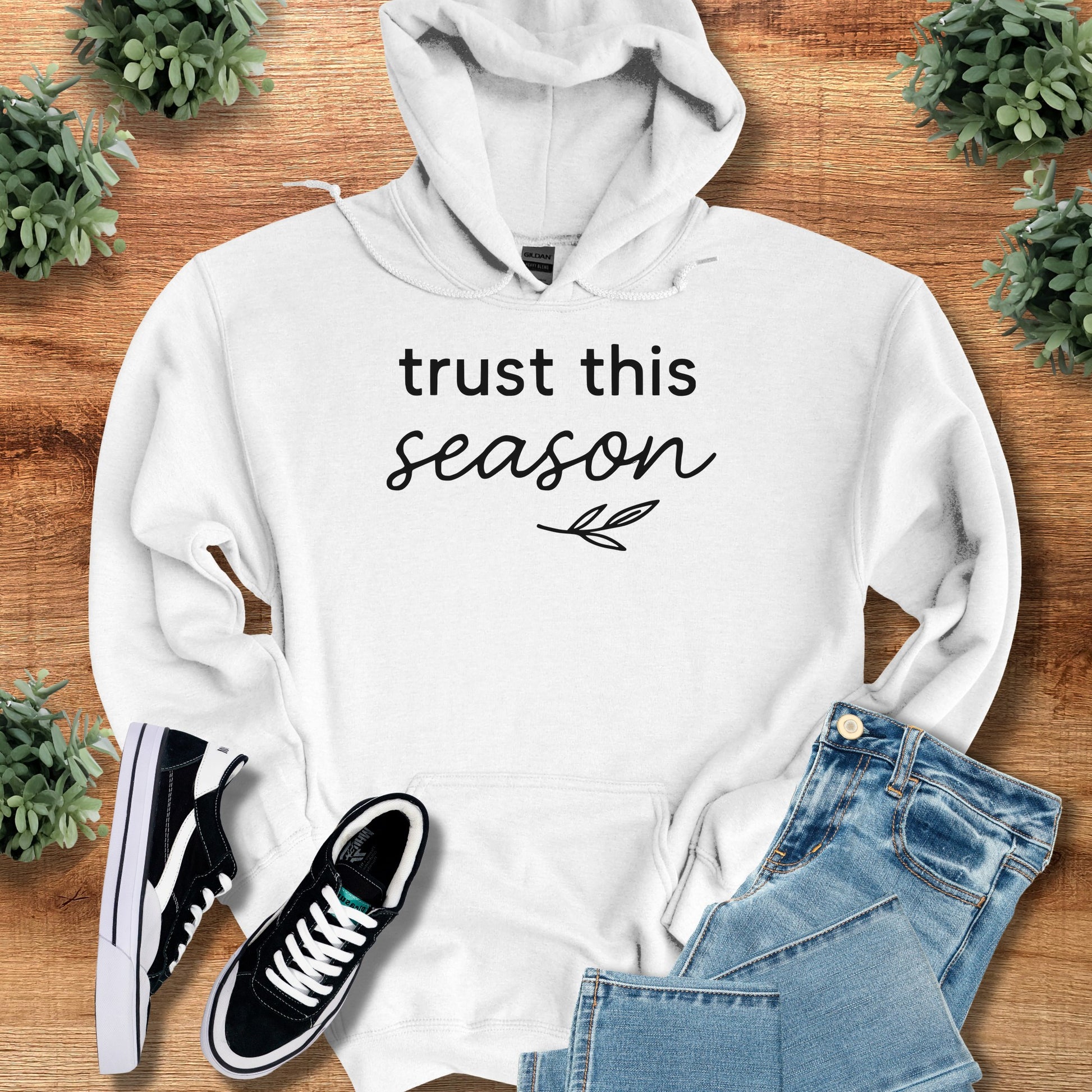 trust this season – Unisex Hoodie on Dark Heather — Unisex Hoodie, soft unisex fit, minimalist graphic