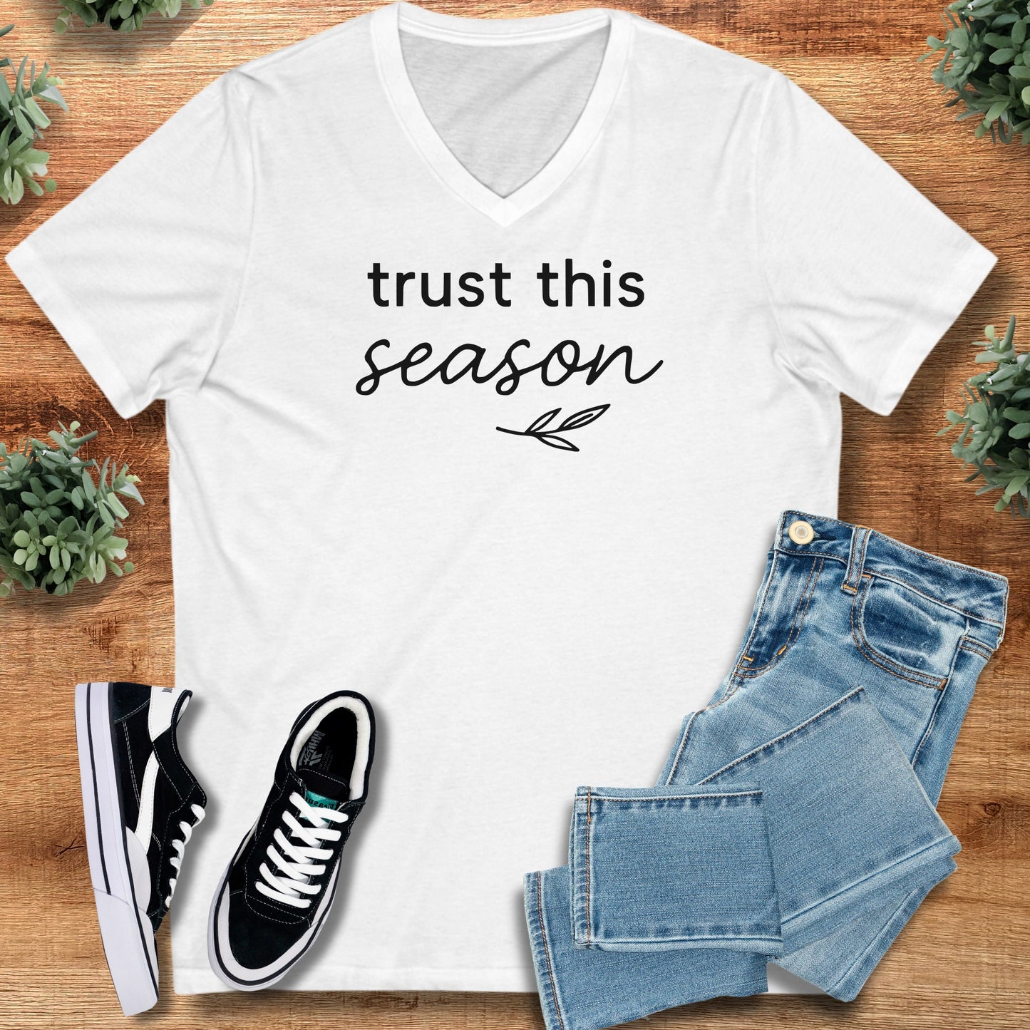 trust this season – Bella Canvas V‑Neck Shirt on S — Bella Canvas V‑Neck Shirt, soft unisex fit, minimalist graphic