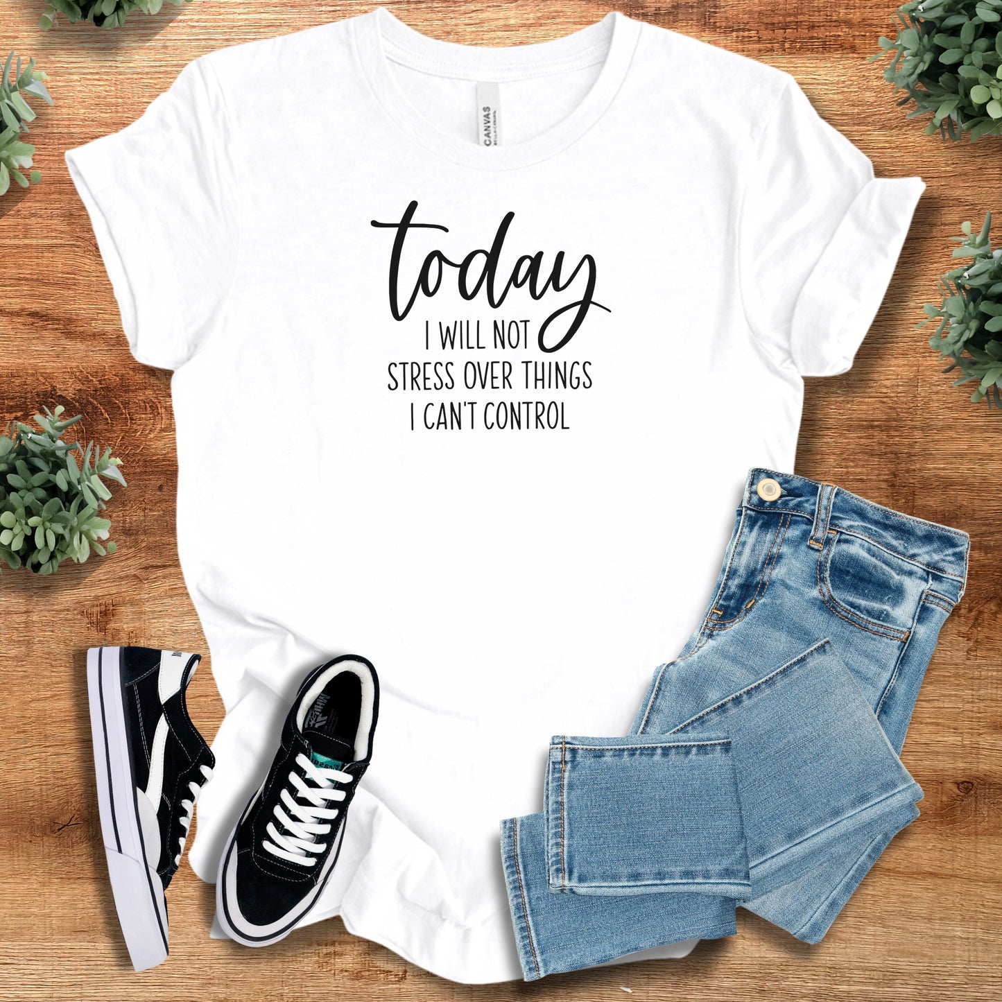 today i will not stress – Bella Canvas Unisex Shirt on S — Bella Canvas Unisex Shirt, soft unisex fit, minimalist graphic