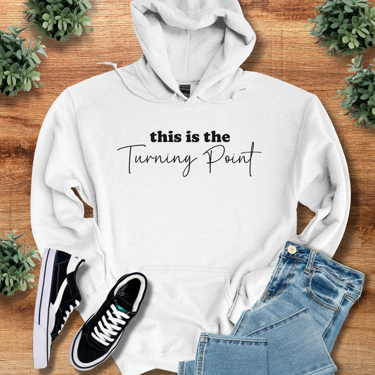 this is the turning point – Unisex Hoodie on Dark Heather — Unisex Hoodie, soft unisex fit, minimalist graphic