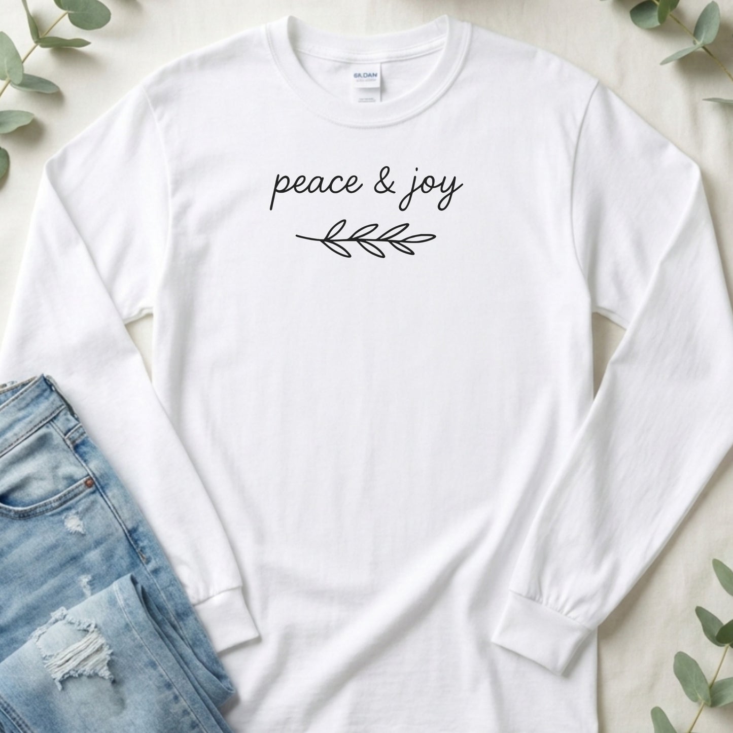 Peace and Joy with Branch Design Long Sleeve T-Shirt